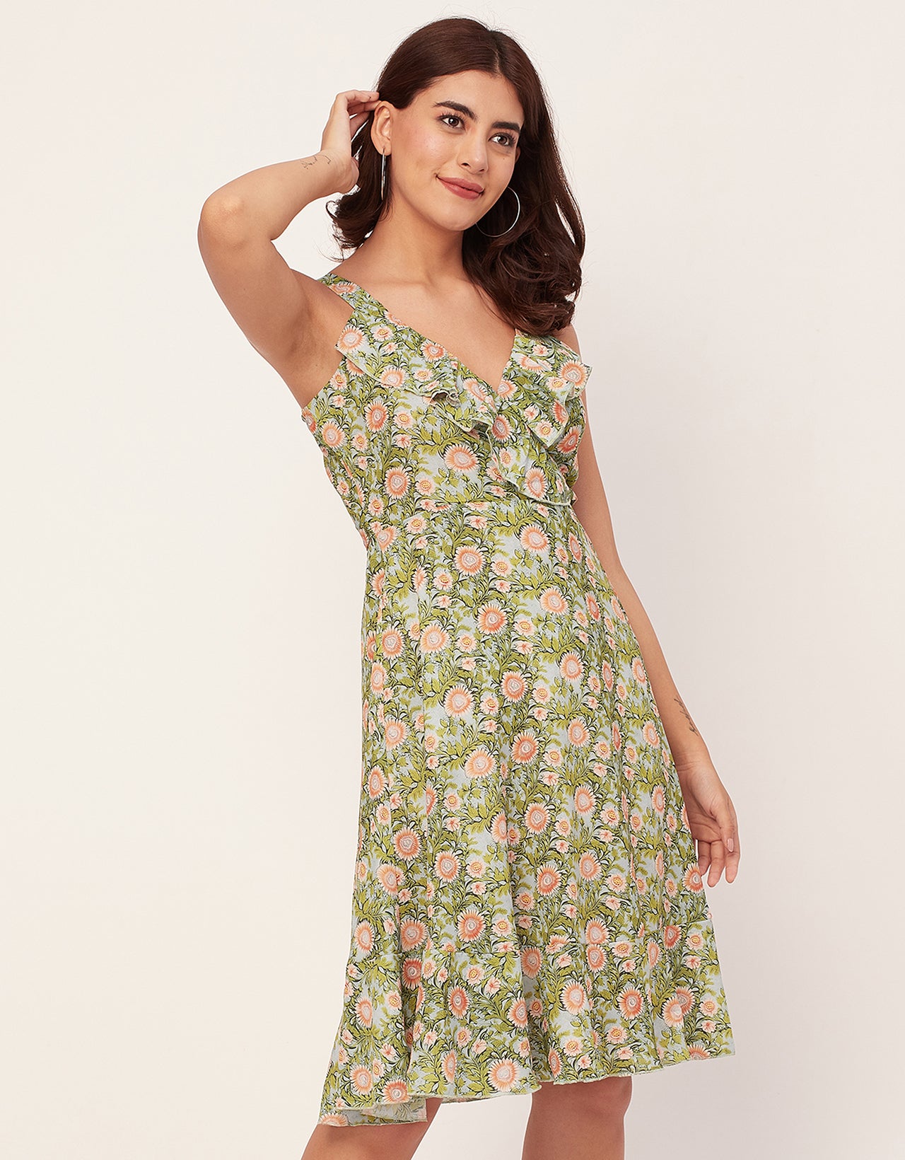 V Neck Sleeveless Printed Georgette Dress