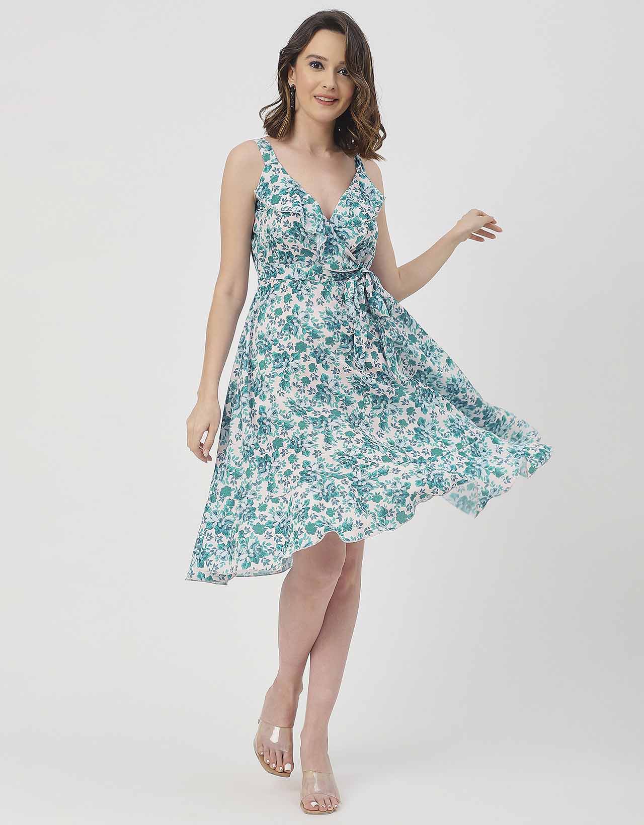 V Neck Sleeveless Printed Georgette Dress