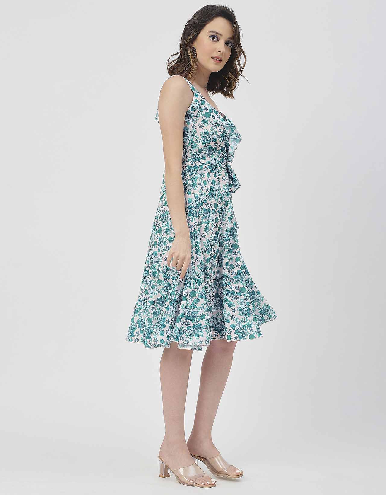 V Neck Sleeveless Printed Georgette Dress