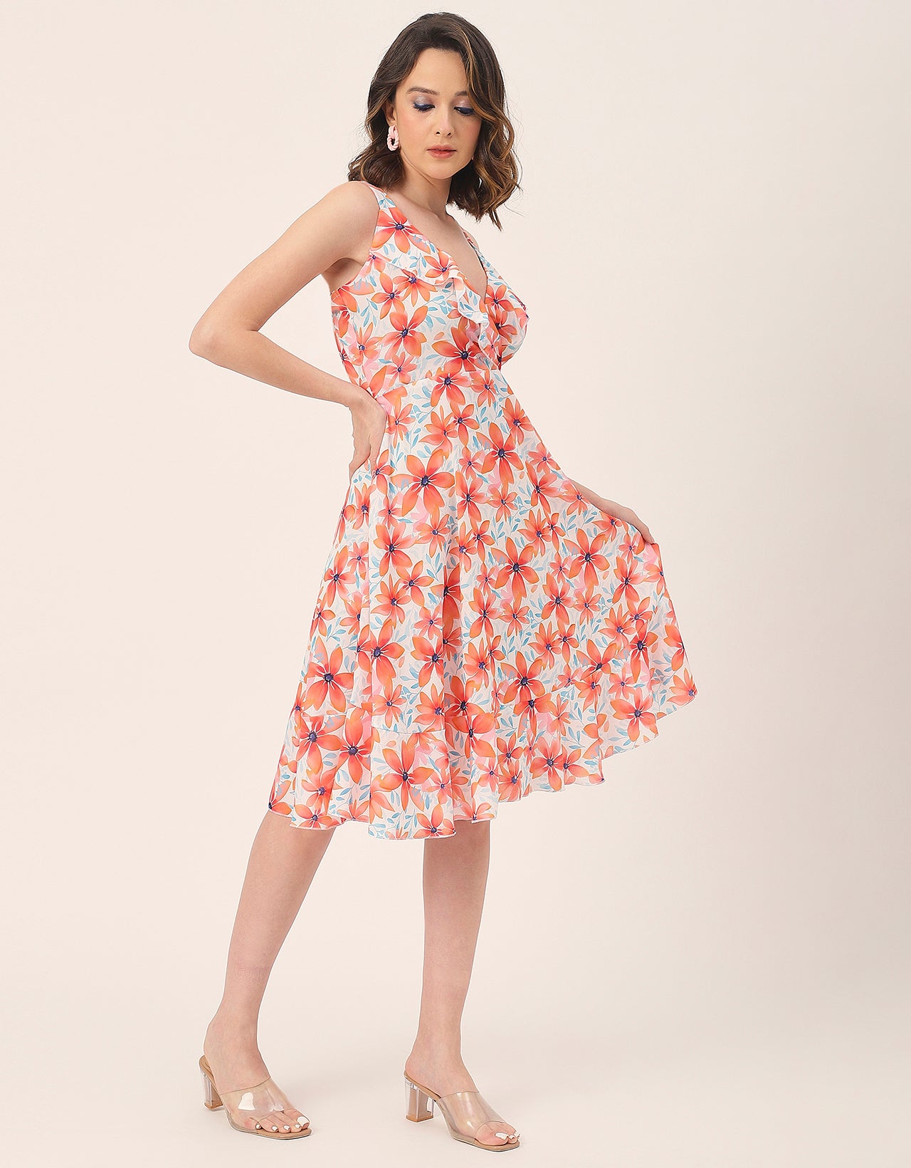 V Neck Sleeveless Printed Georgette Dress