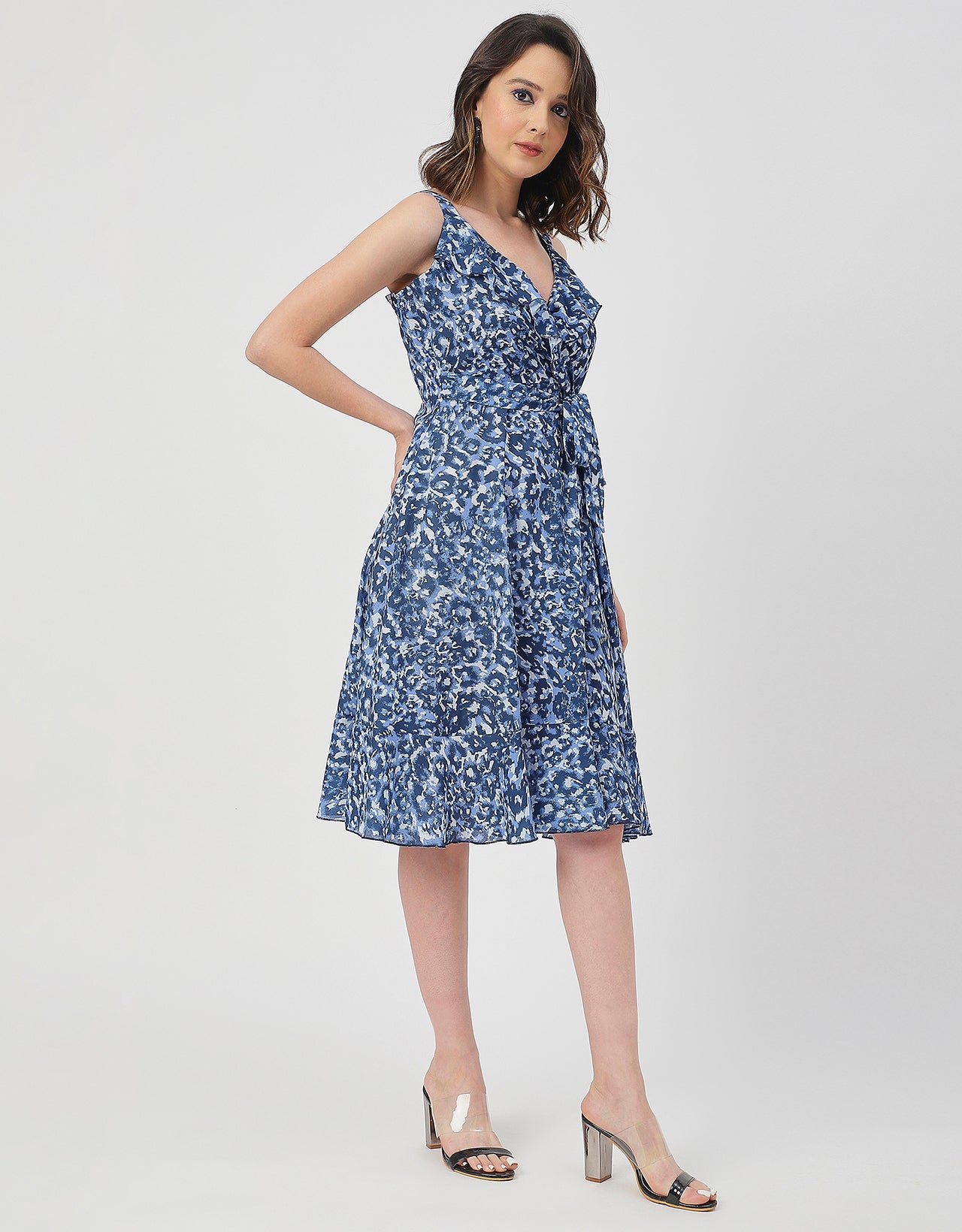 V Neck Sleeveless Printed Georgette Dress