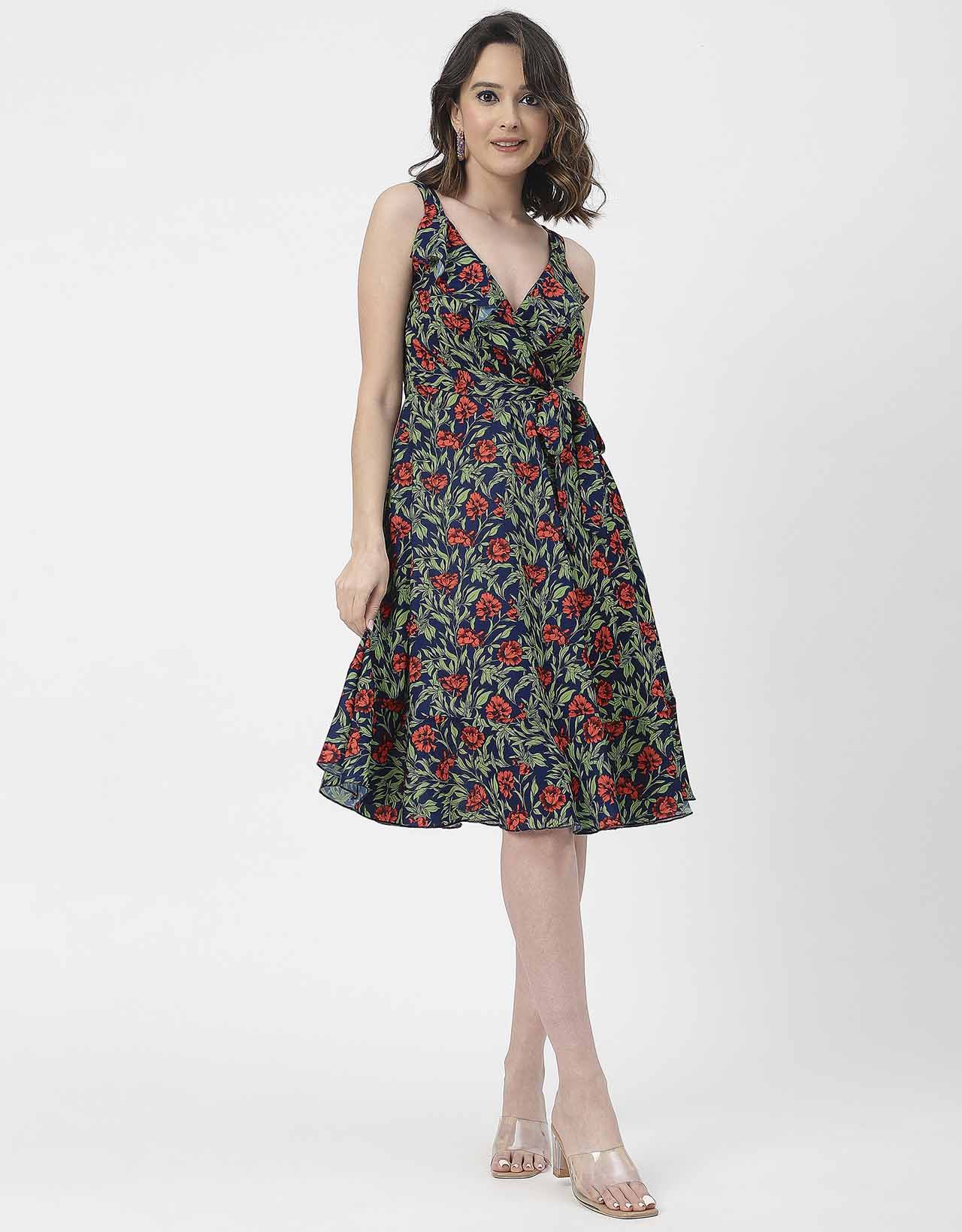 V Neck Sleeveless Printed Georgette Dress