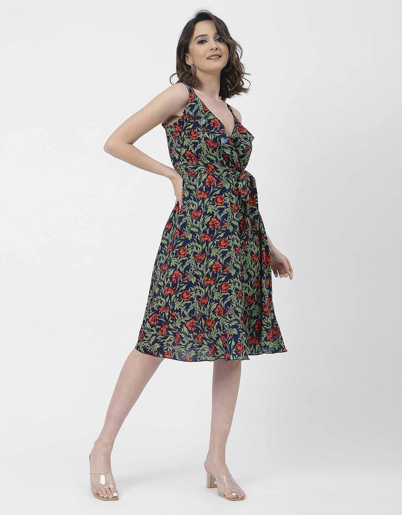 V Neck Sleeveless Printed Georgette Dress