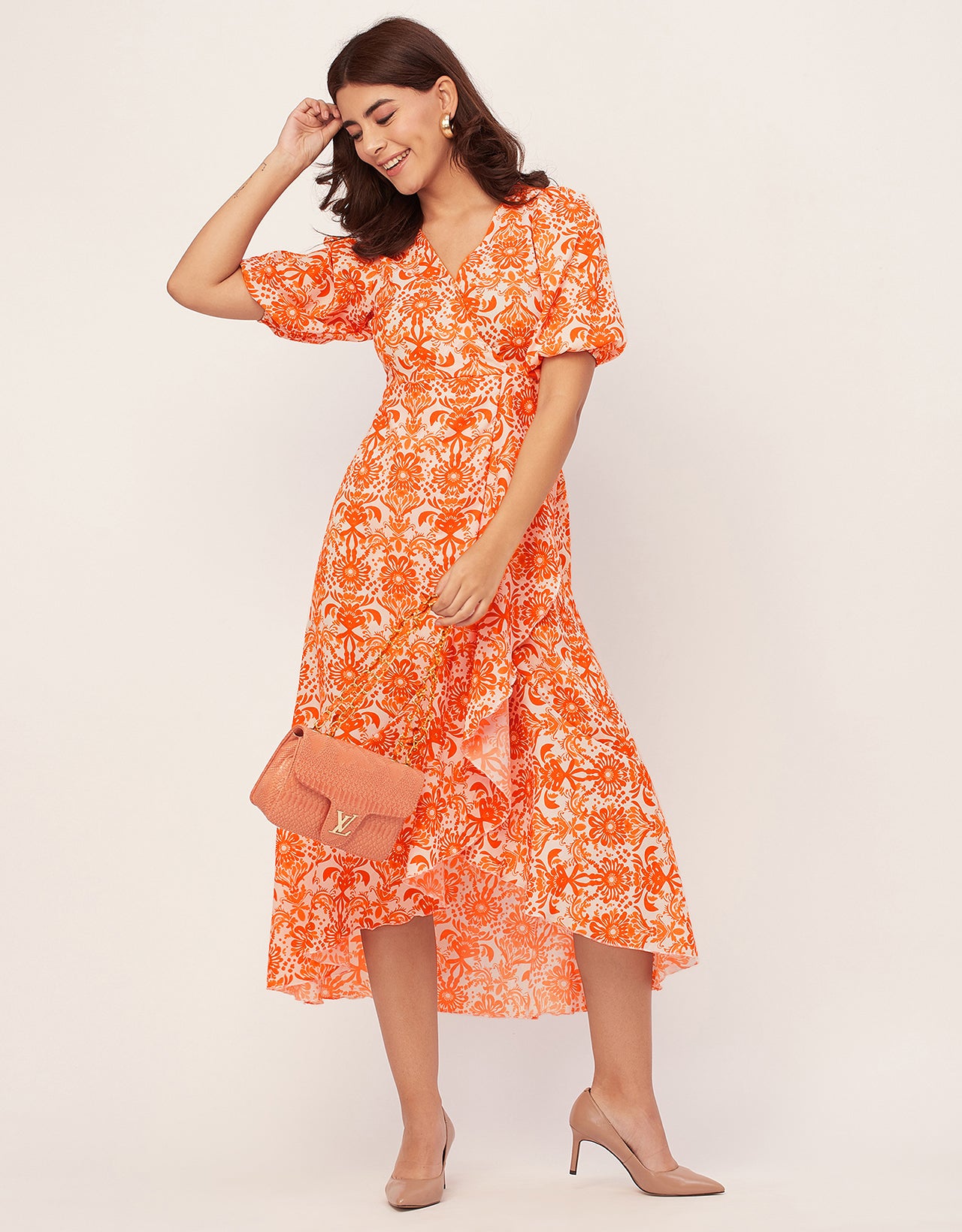 V Neck Wrap Printed Georgette Short Sleeve Dress