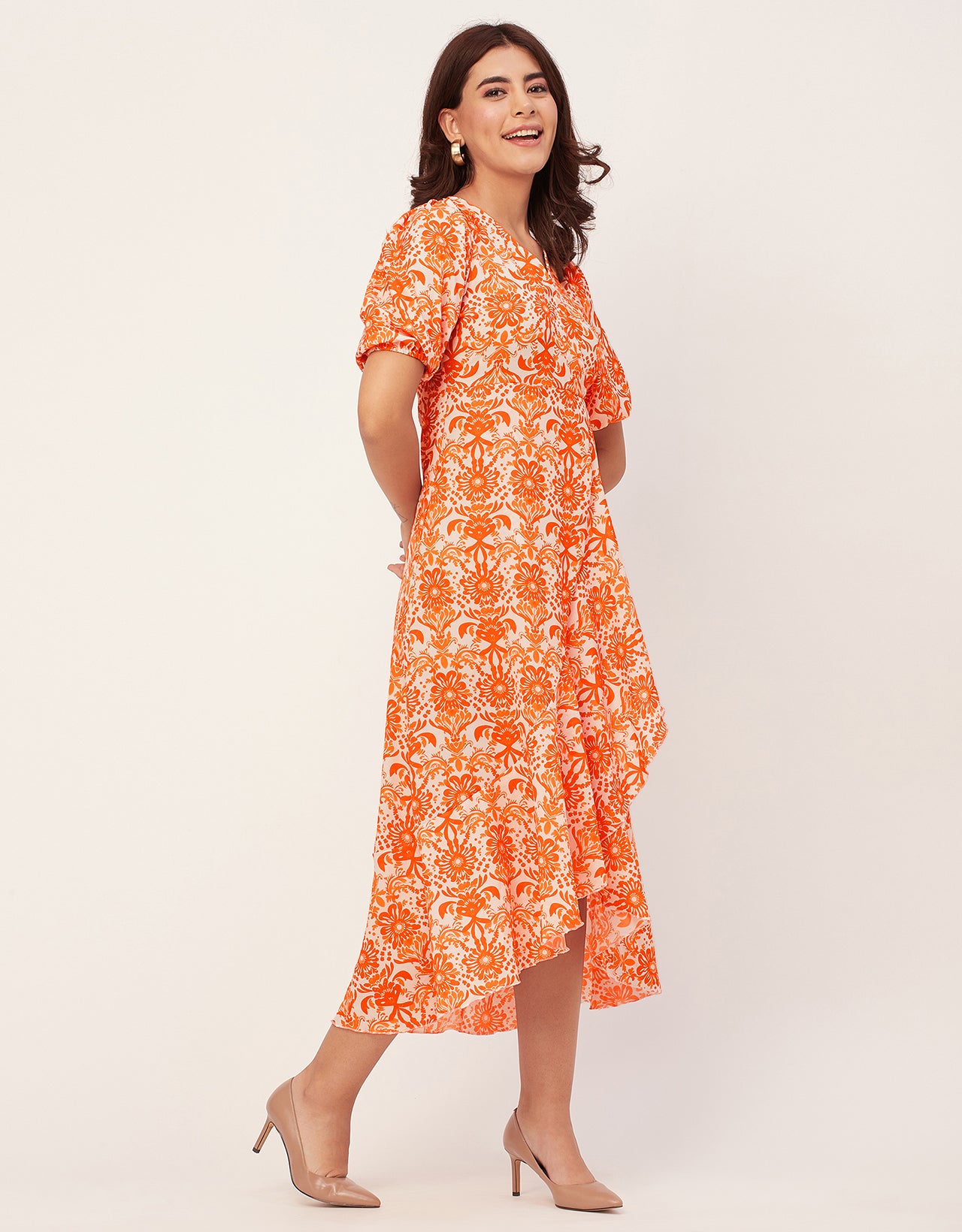 V Neck Wrap Printed Georgette Short Sleeve Dress