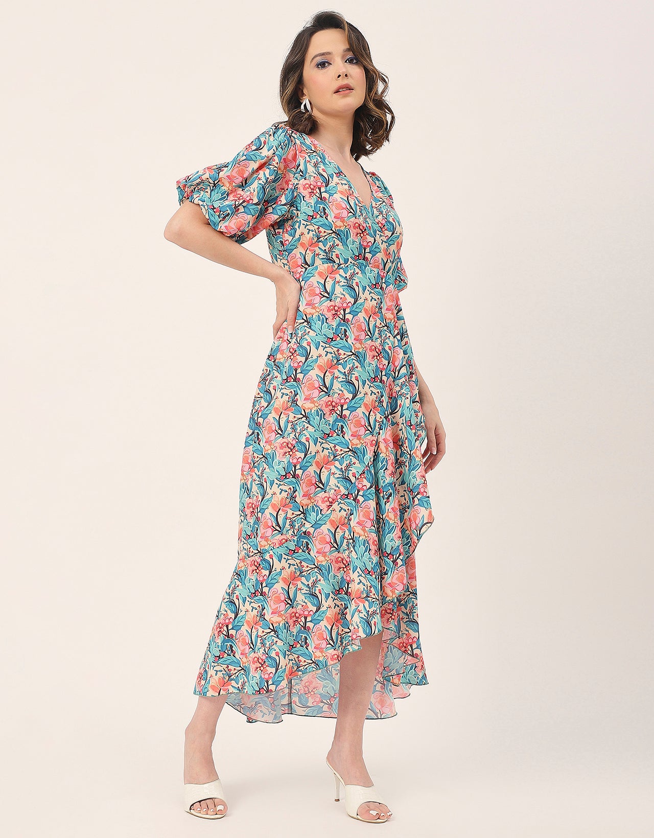 V Neck Wrap Printed Georgette Short Sleeve Dress