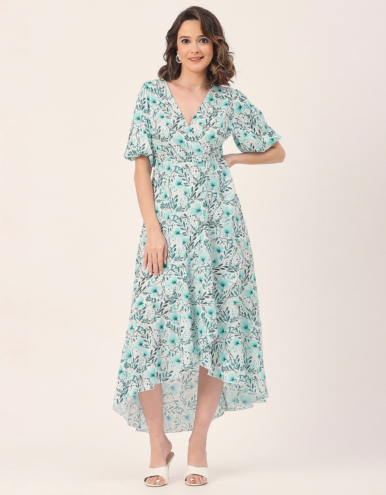 V Neck Wrap Printed Georgette Short Sleeve Dress