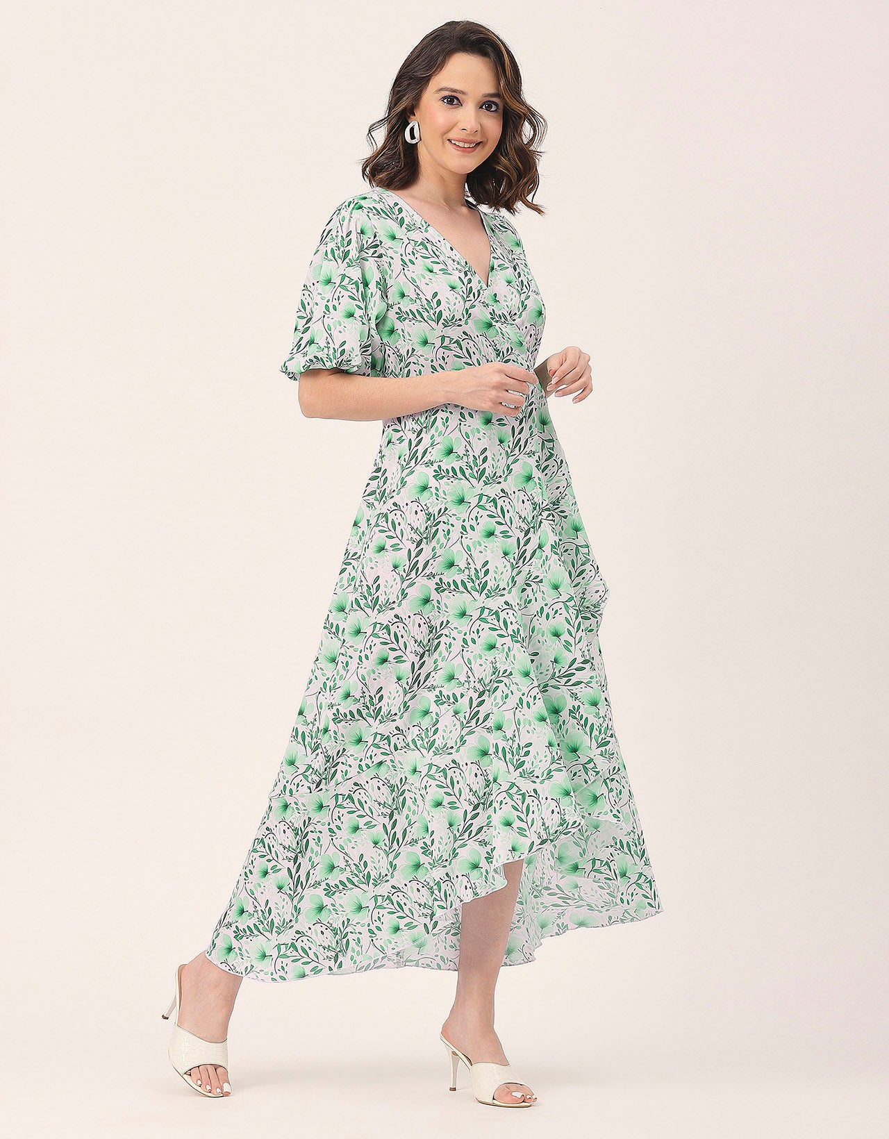 V Neck Wrap Printed Georgette Short Sleeve Dress