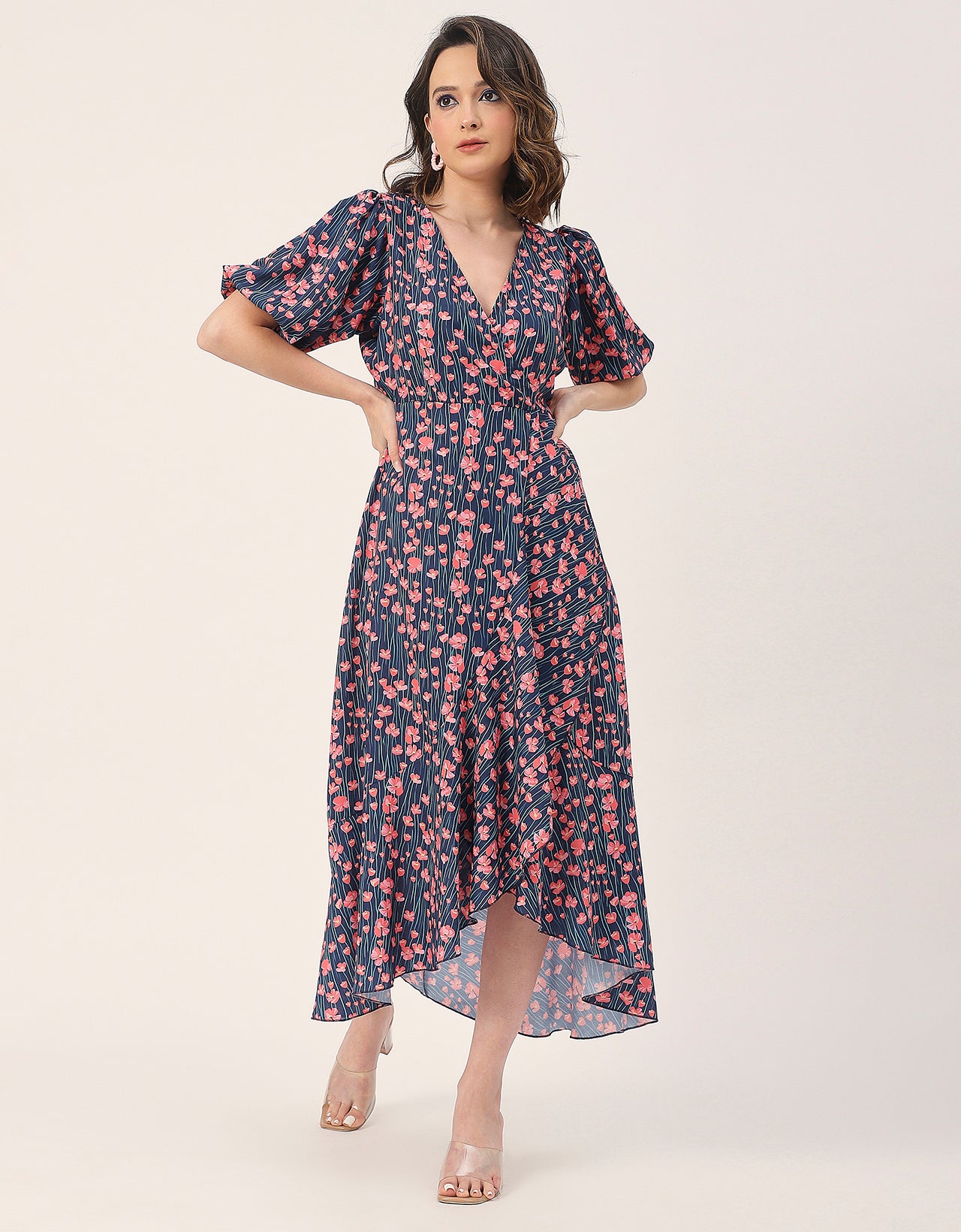 V Neck Wrap Printed Georgette Short Sleeve Dress