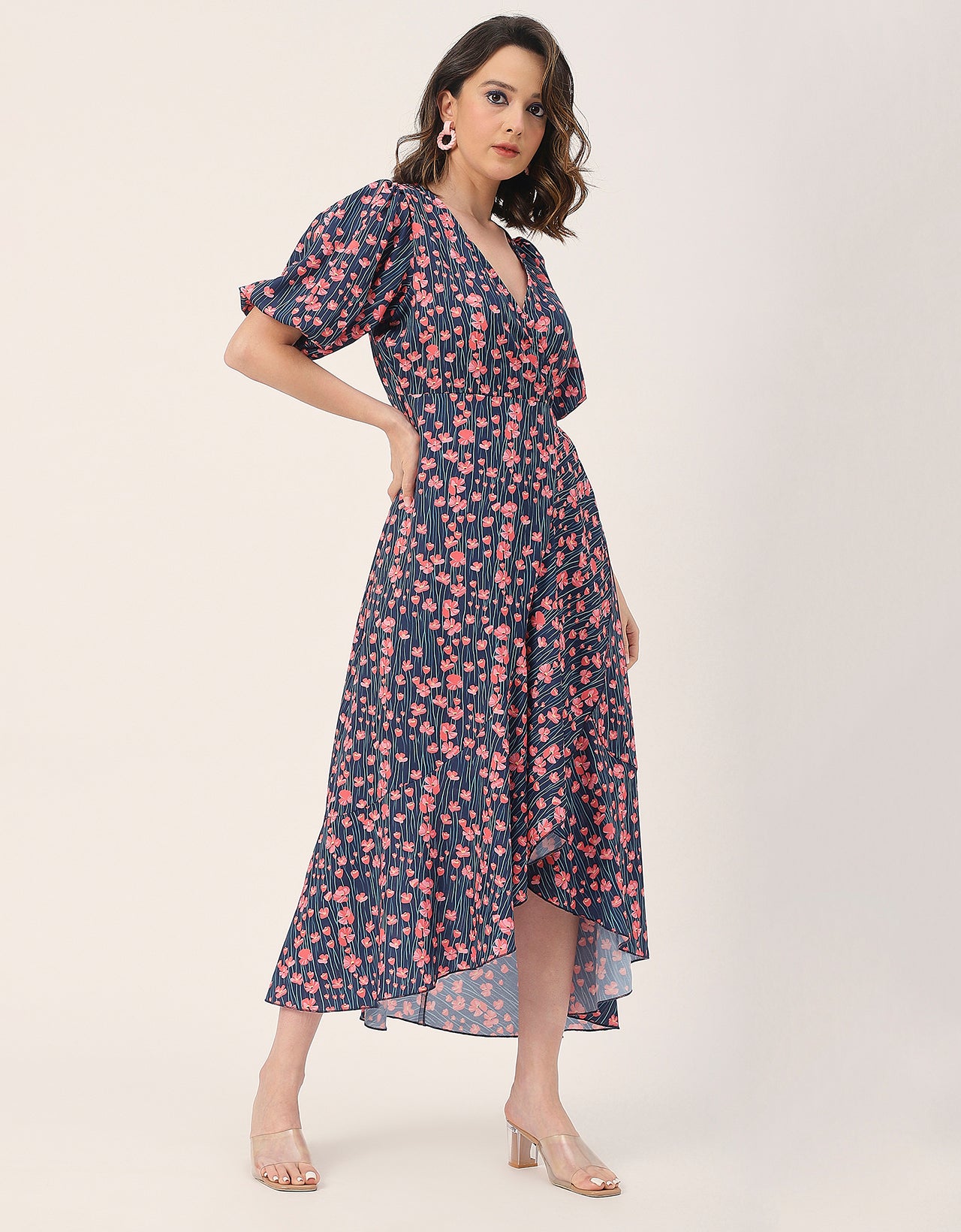 V Neck Wrap Printed Georgette Short Sleeve Dress