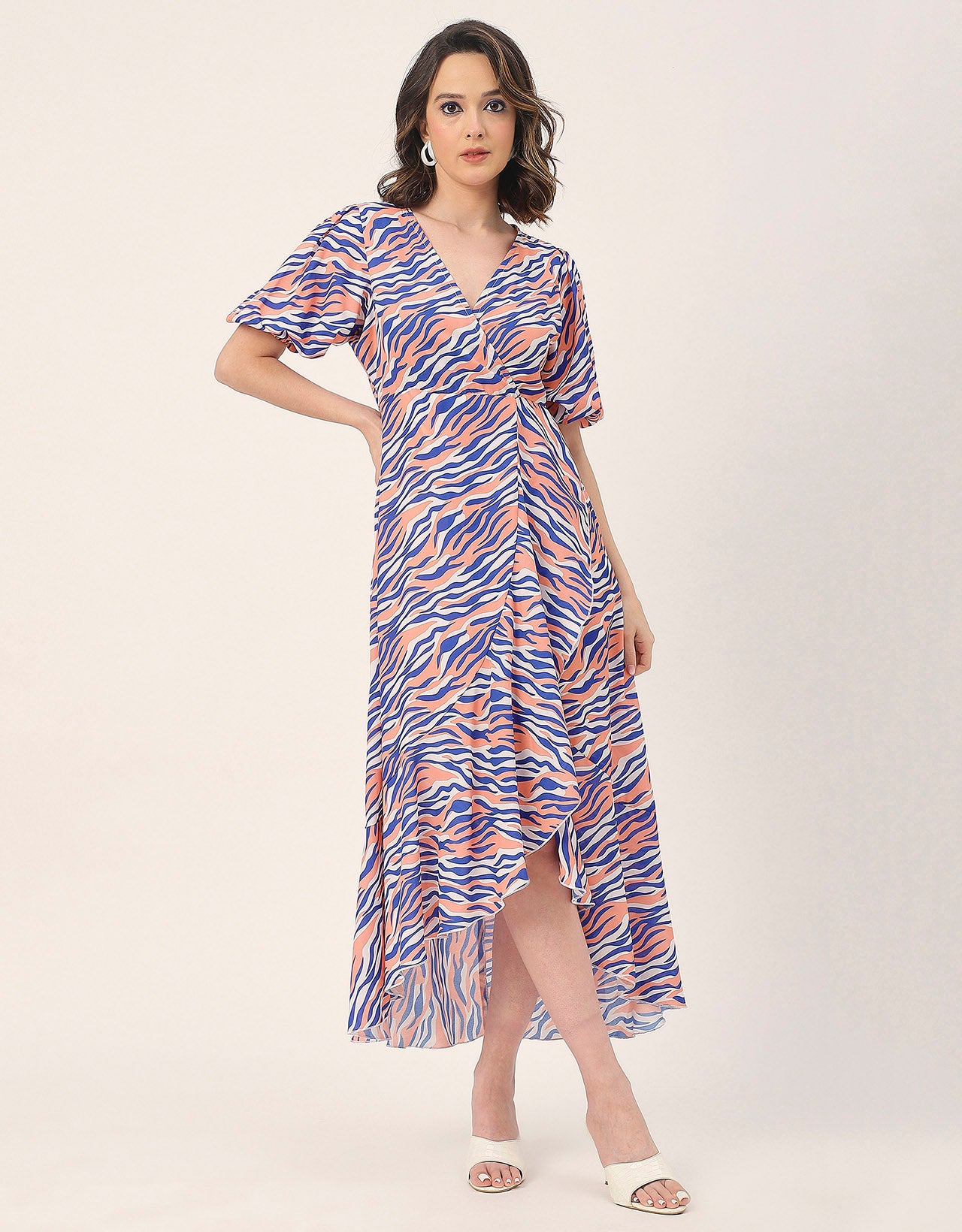 V Neck Wrap Printed Georgette Short Sleeve Dress