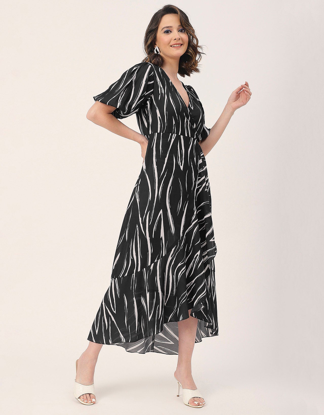 V Neck Wrap Printed Georgette Short Sleeve Dress