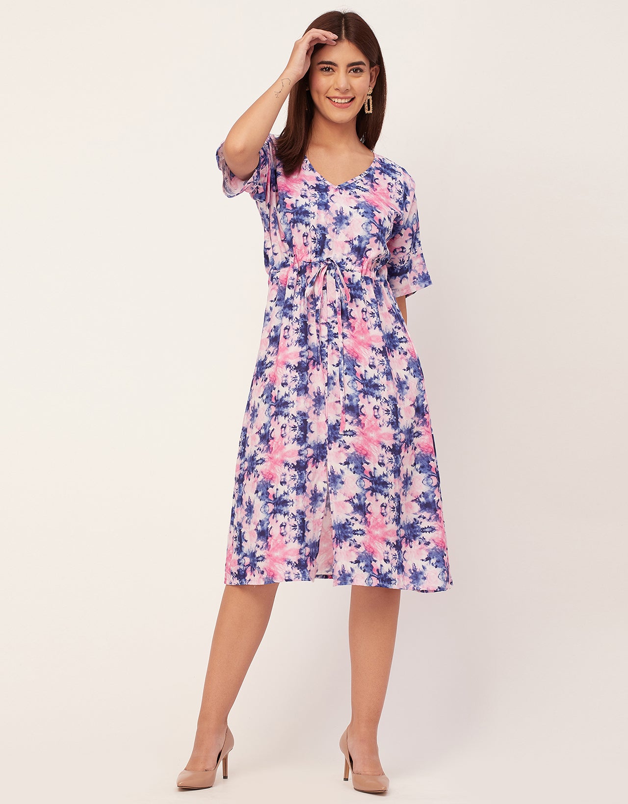 V Neck Short Sleeve Printed Rayon Dress
