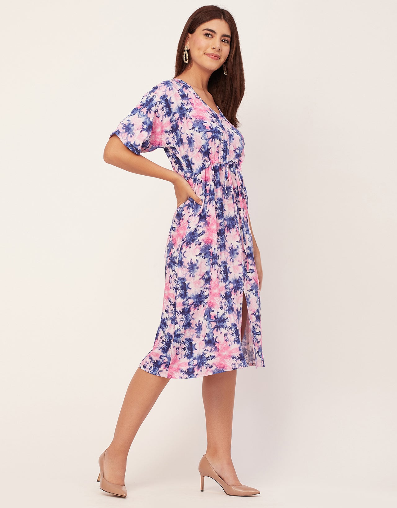 V Neck Short Sleeve Printed Rayon Dress