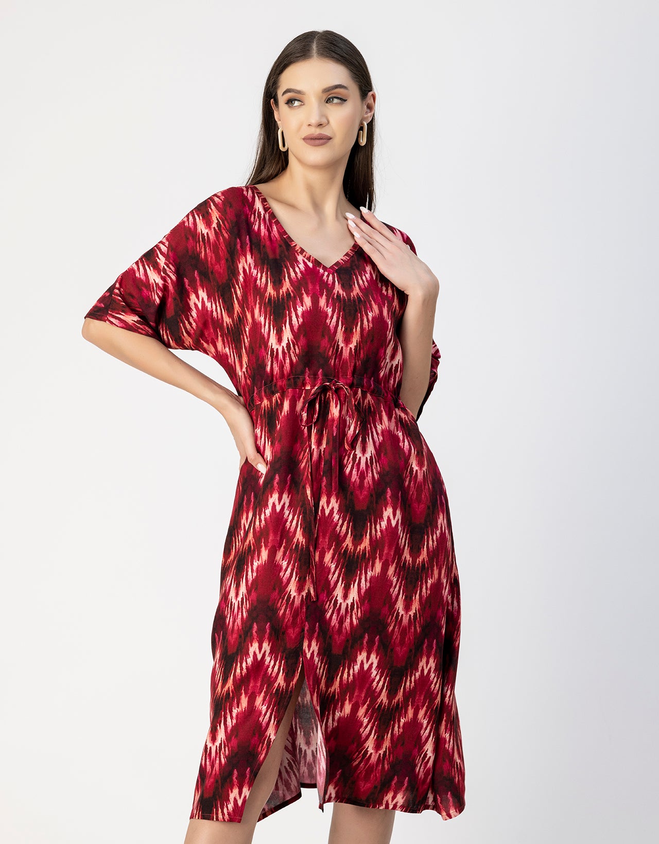 V Neck Short Sleeve Printed Rayon Dress