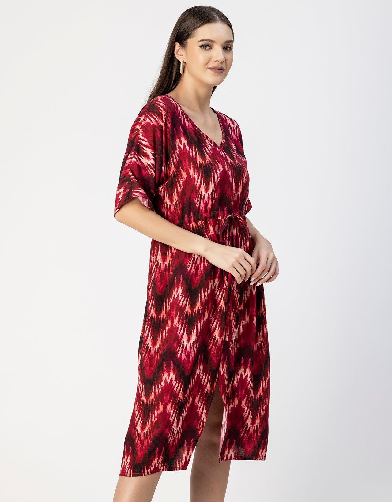 V Neck Short Sleeve Printed Rayon Dress