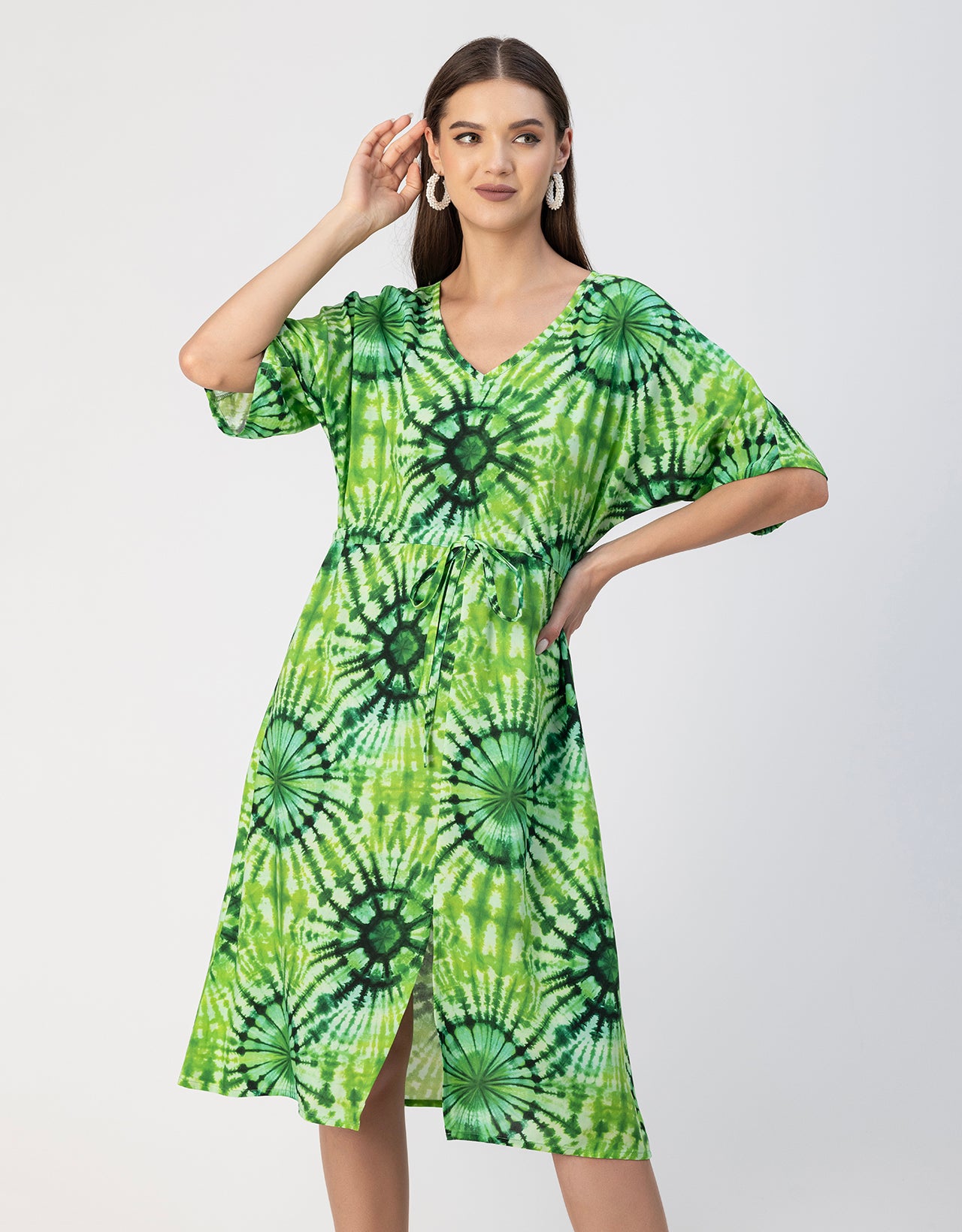 V Neck Short Sleeve Printed Rayon Dress