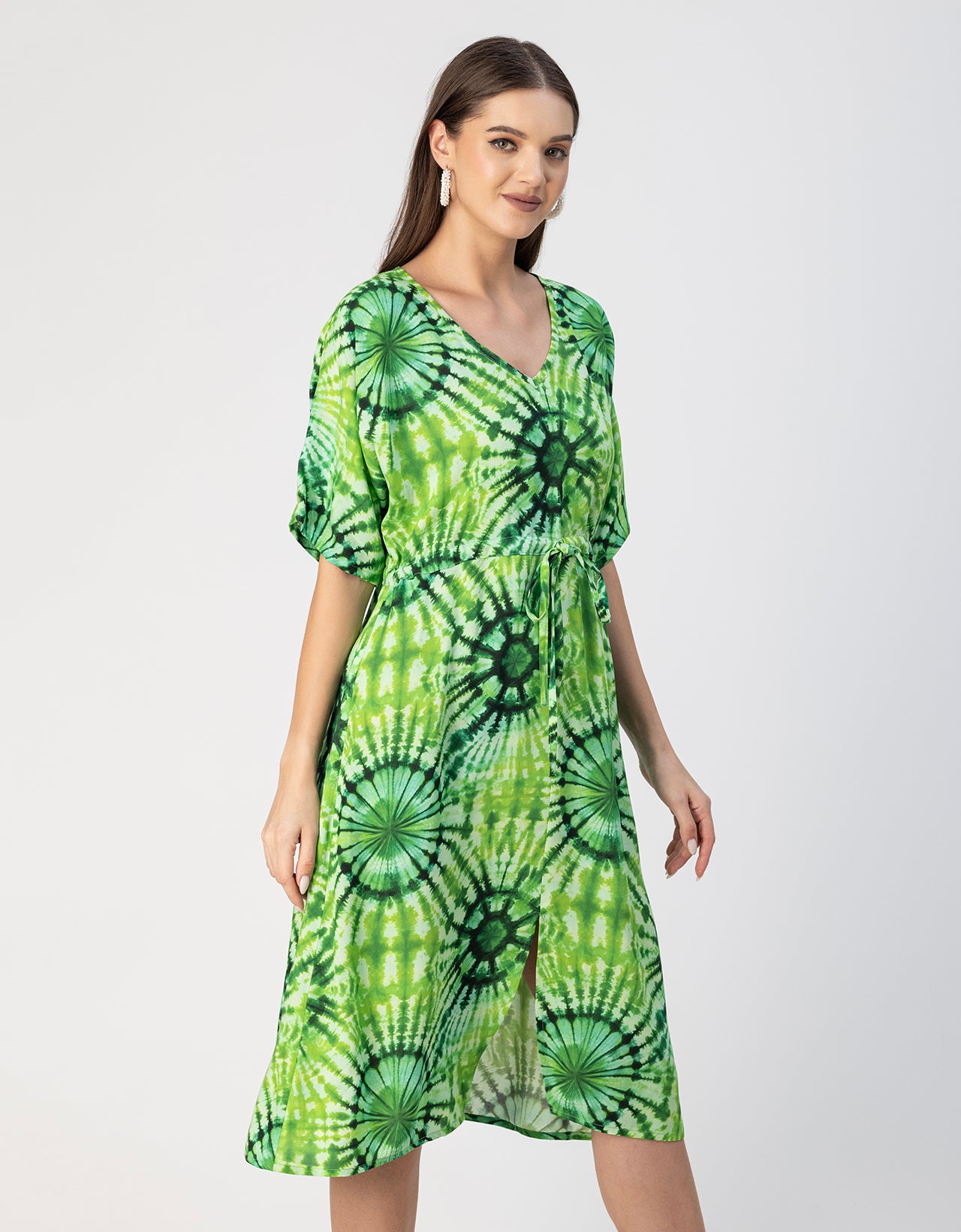 V Neck Short Sleeve Printed Rayon Dress