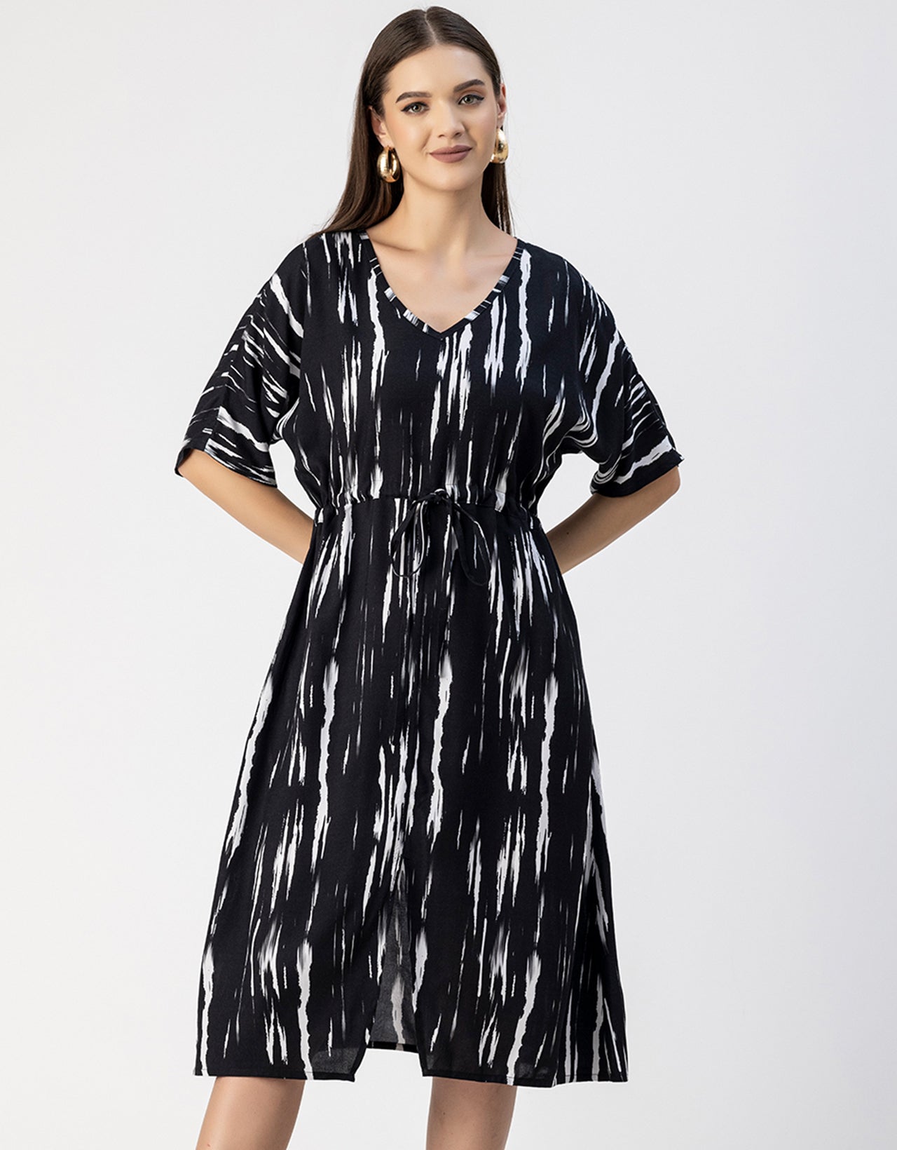 V Neck Short Sleeve Printed Rayon Dress