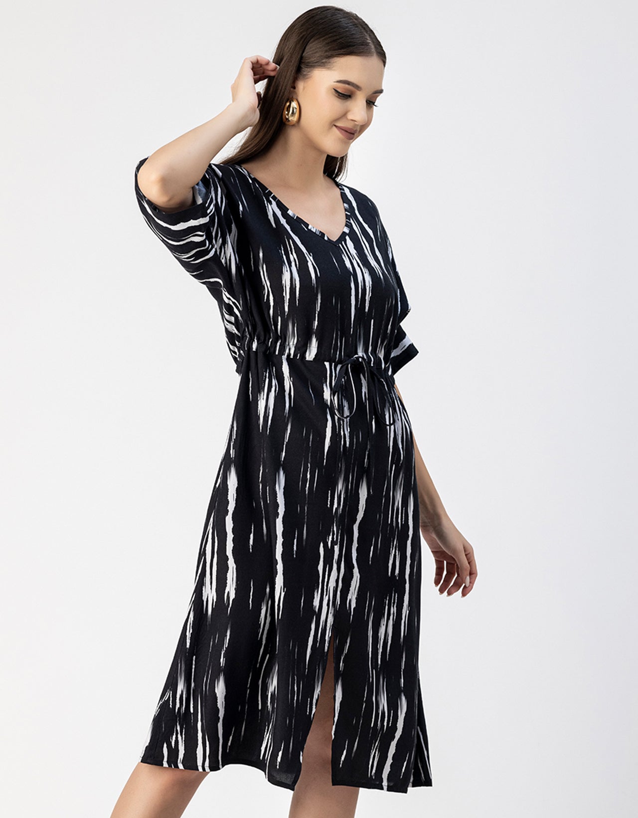 V Neck Short Sleeve Printed Rayon Dress