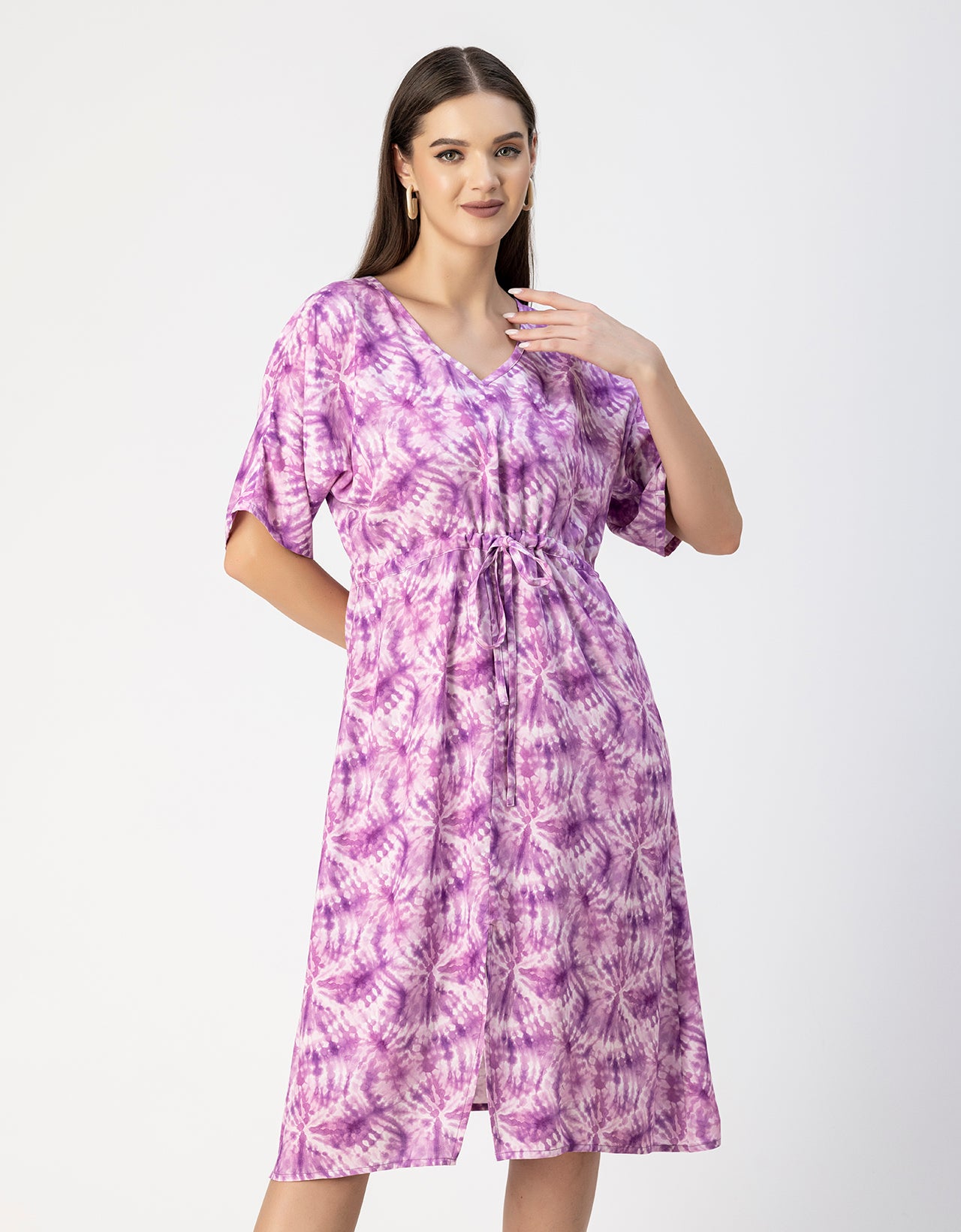V Neck Short Sleeve Printed Rayon Dress