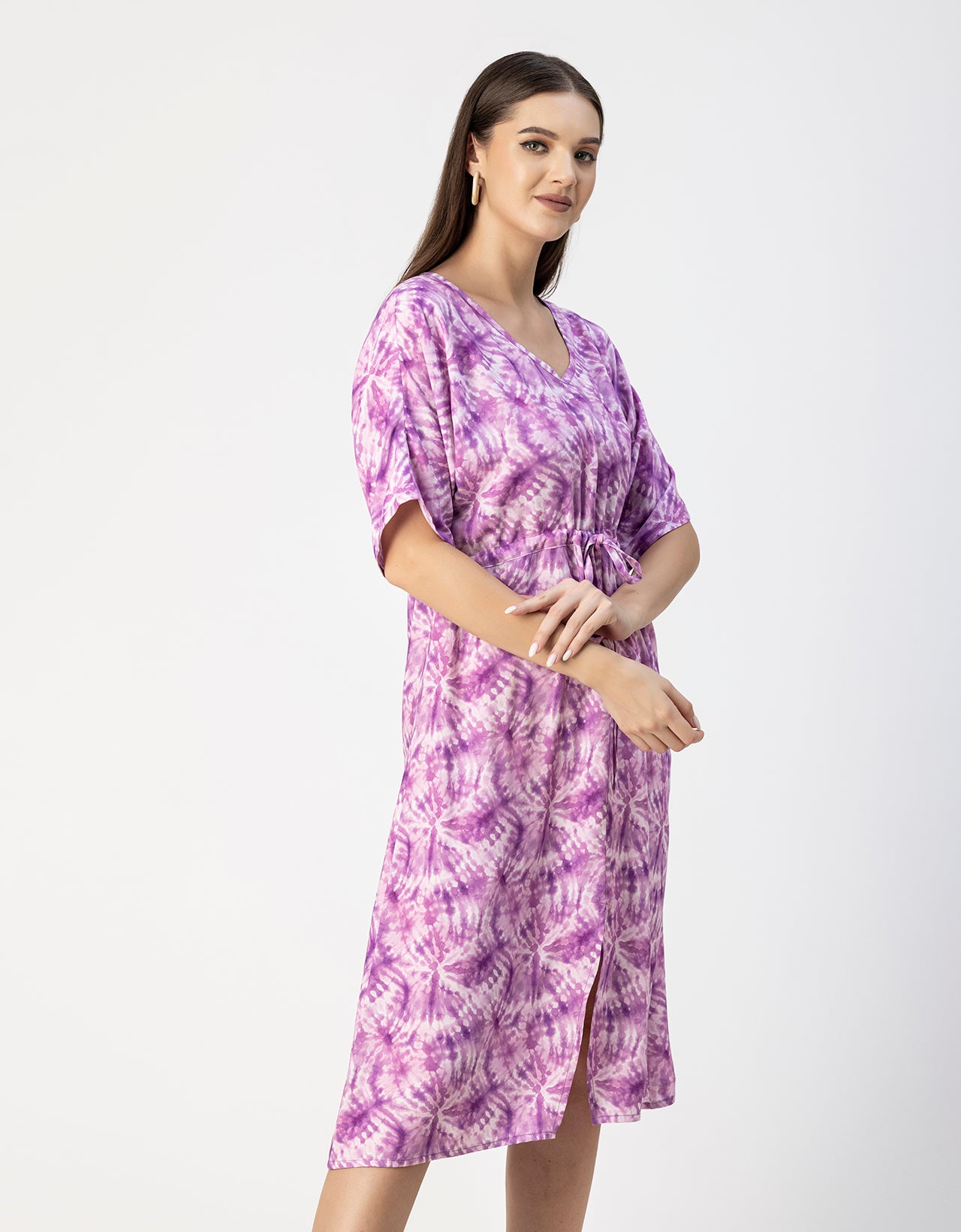 V Neck Short Sleeve Printed Rayon Dress