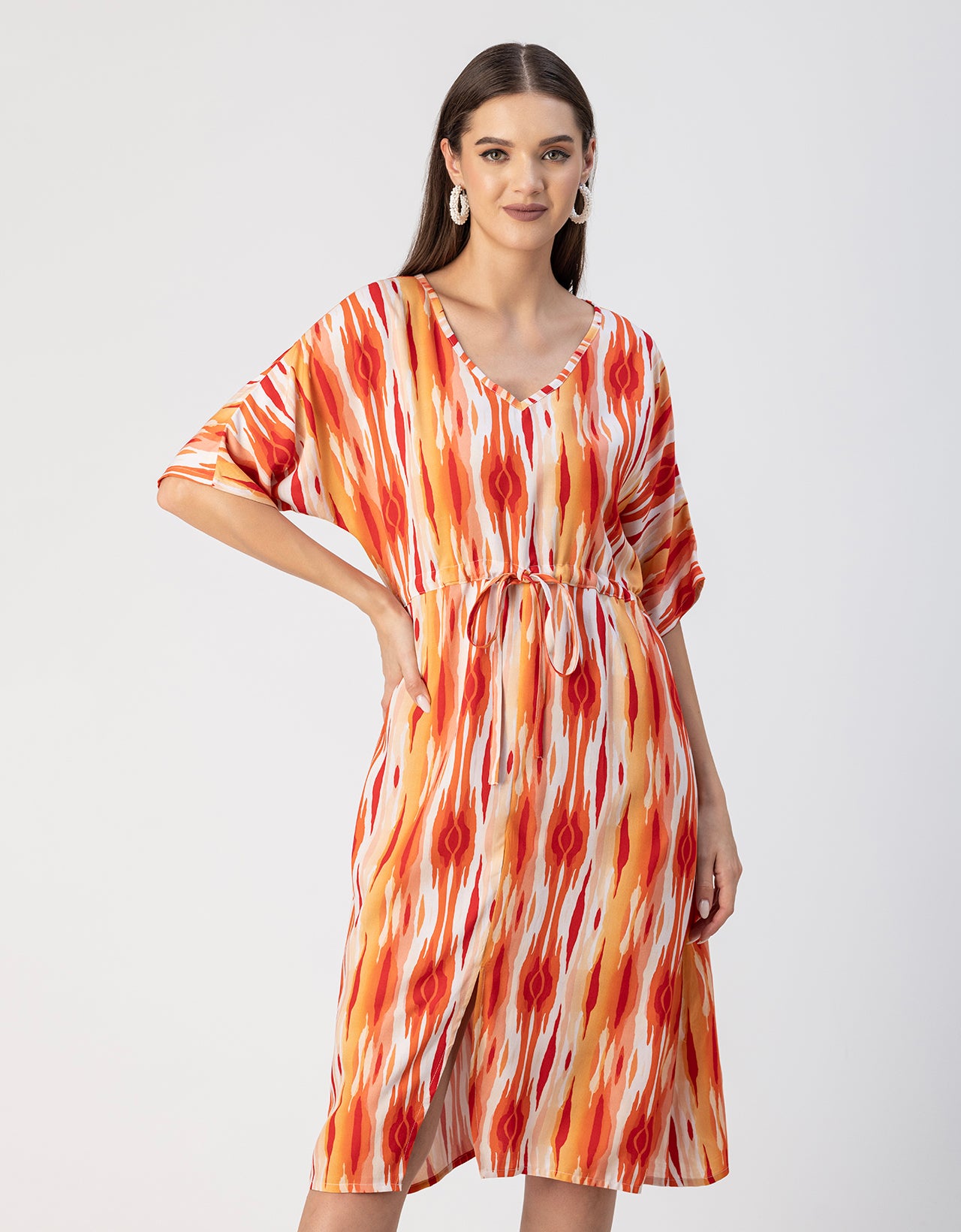V Neck Short Sleeve Printed Rayon Dress