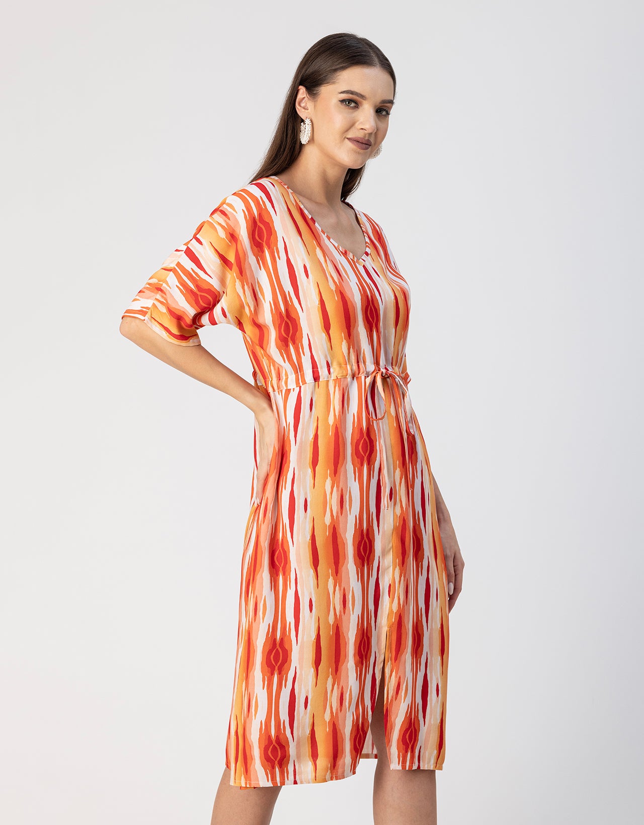 V Neck Short Sleeve Printed Rayon Dress