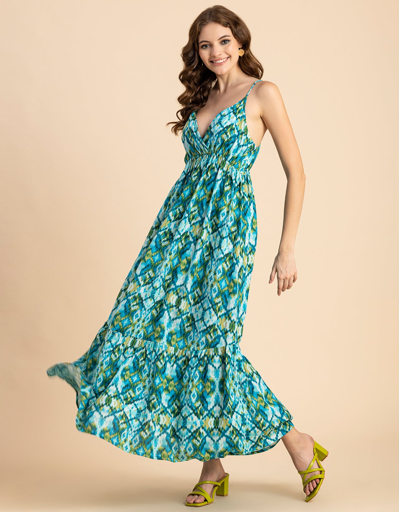 Shoulder Straps V Neck Printed Rayon Dress