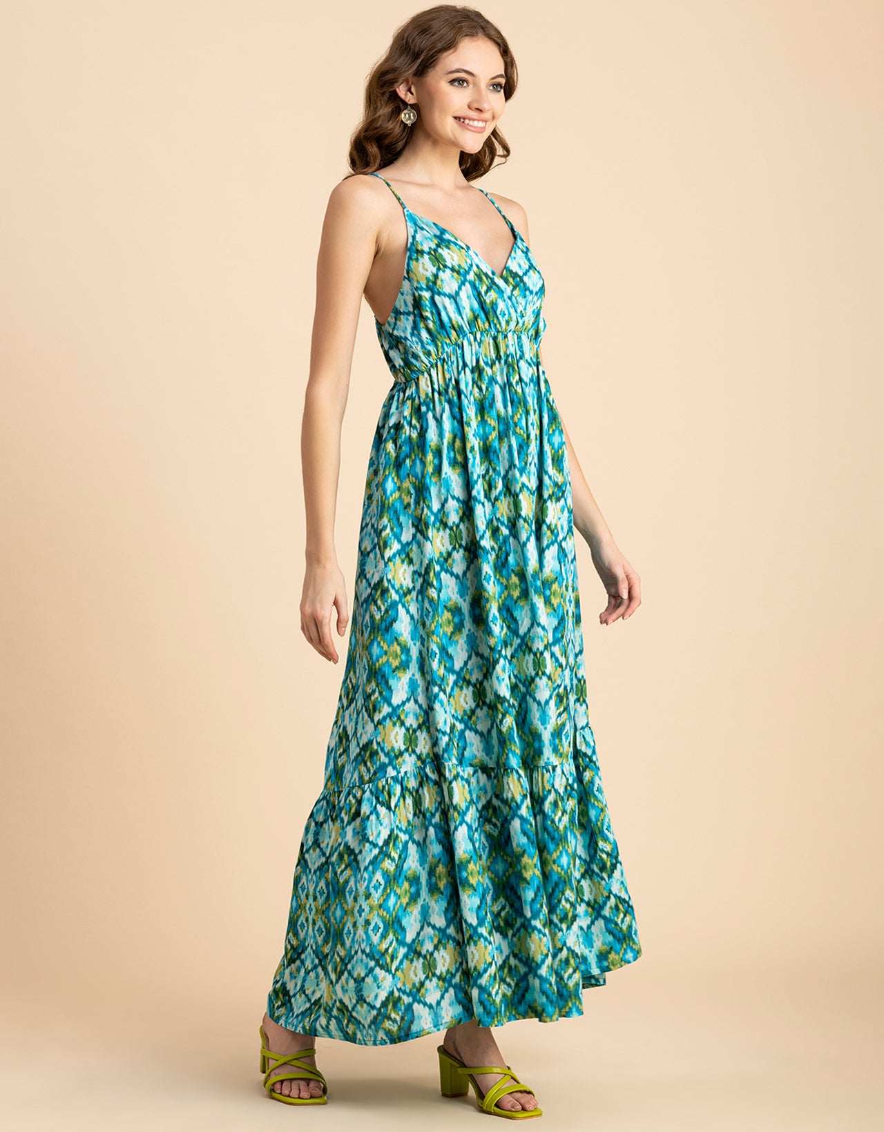 Shoulder Straps V Neck Printed Rayon Dress