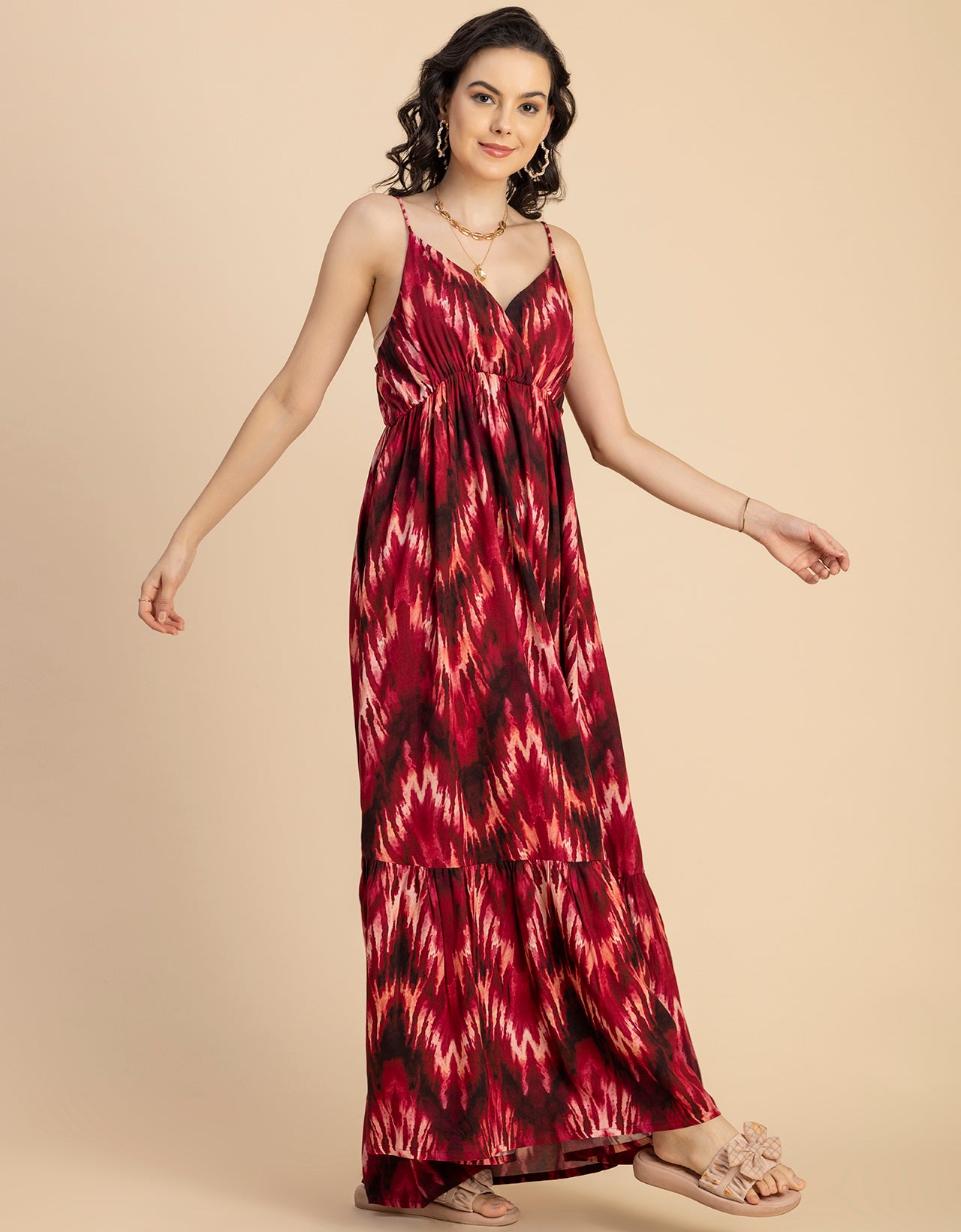 Shoulder Straps V Neck Printed Rayon Dress