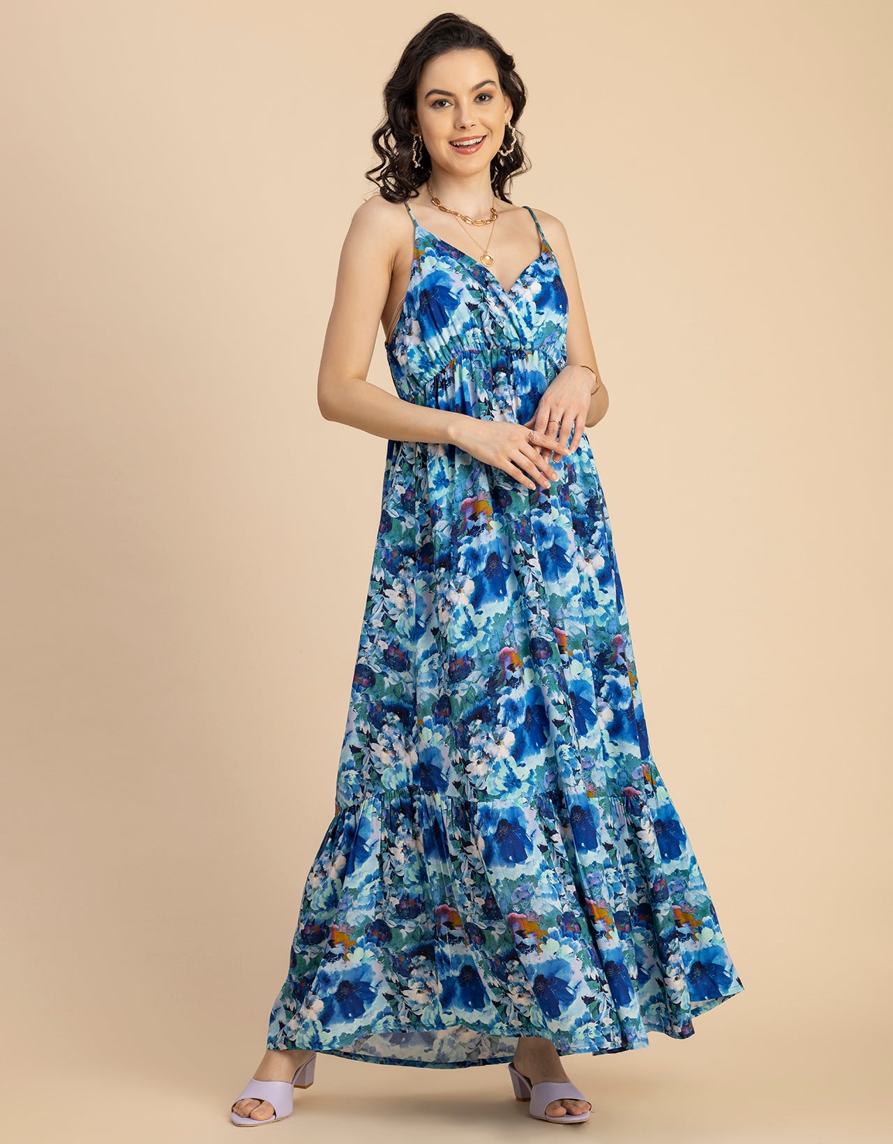 Shoulder Straps V Neck Printed Rayon Dress