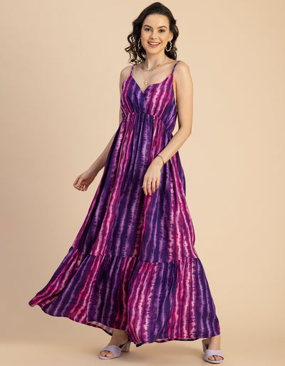 Shoulder Straps V Neck Printed Rayon Dress