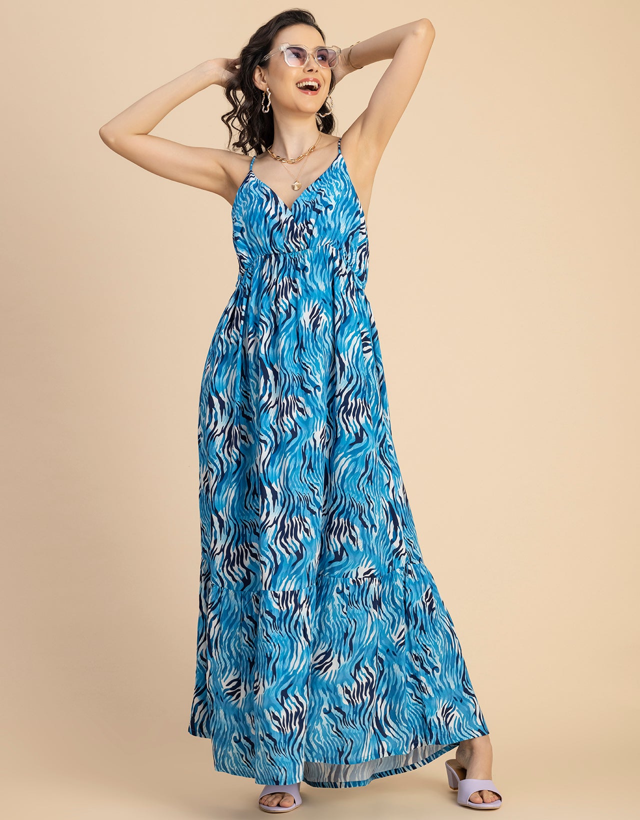 Shoulder Straps V Neck Printed Rayon Dress