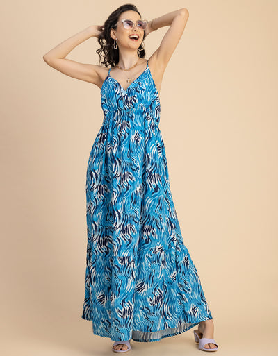 Shoulder Straps V Neck Printed Rayon Dress