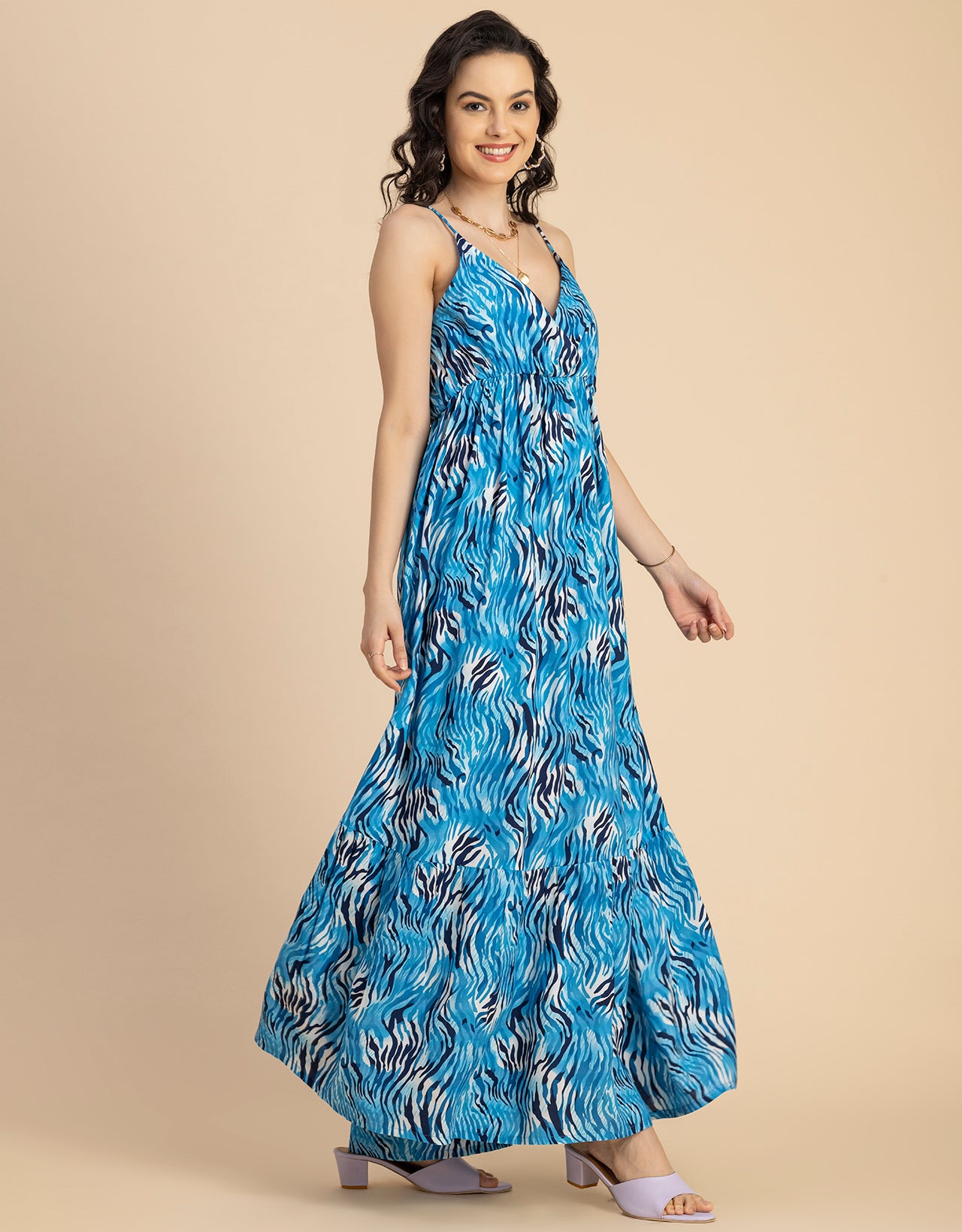 Shoulder Straps V Neck Printed Rayon Dress