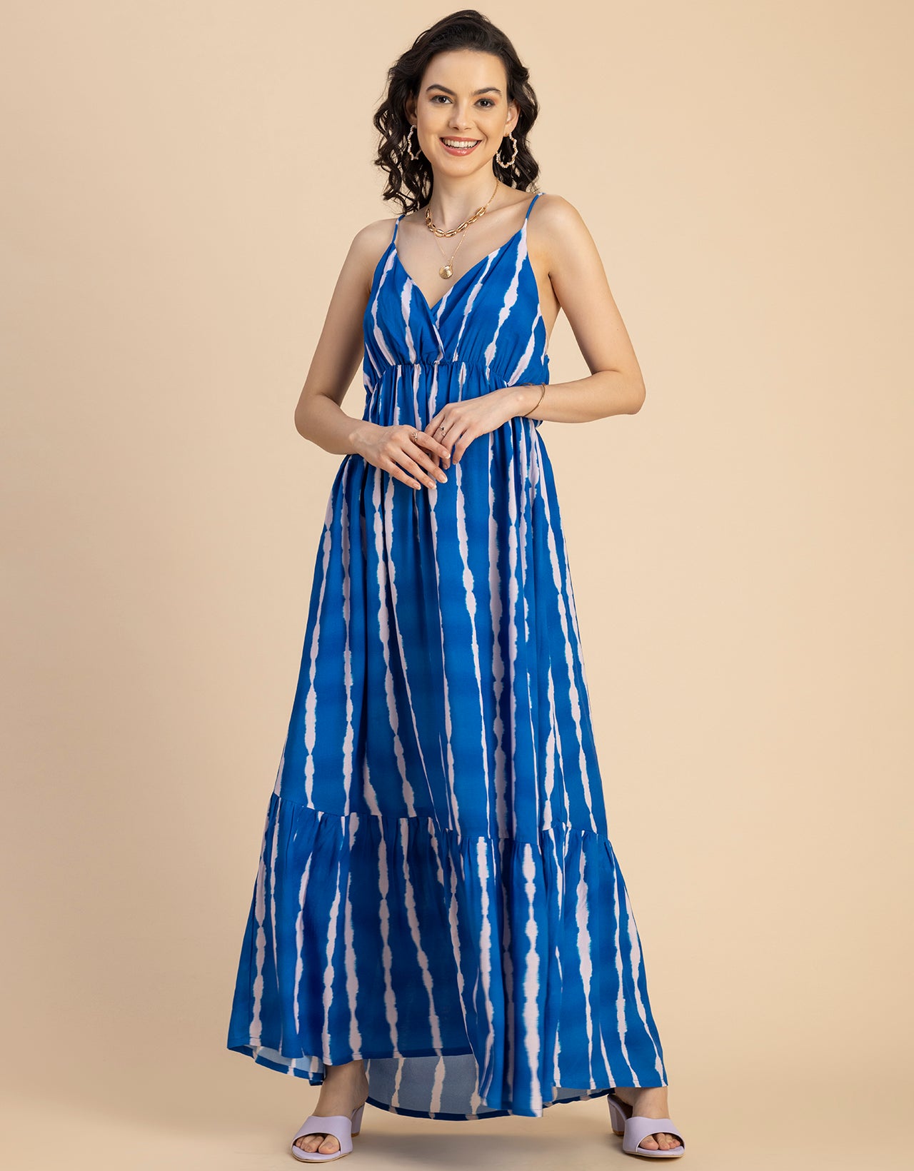 Shoulder Straps V Neck Printed Rayon Dress