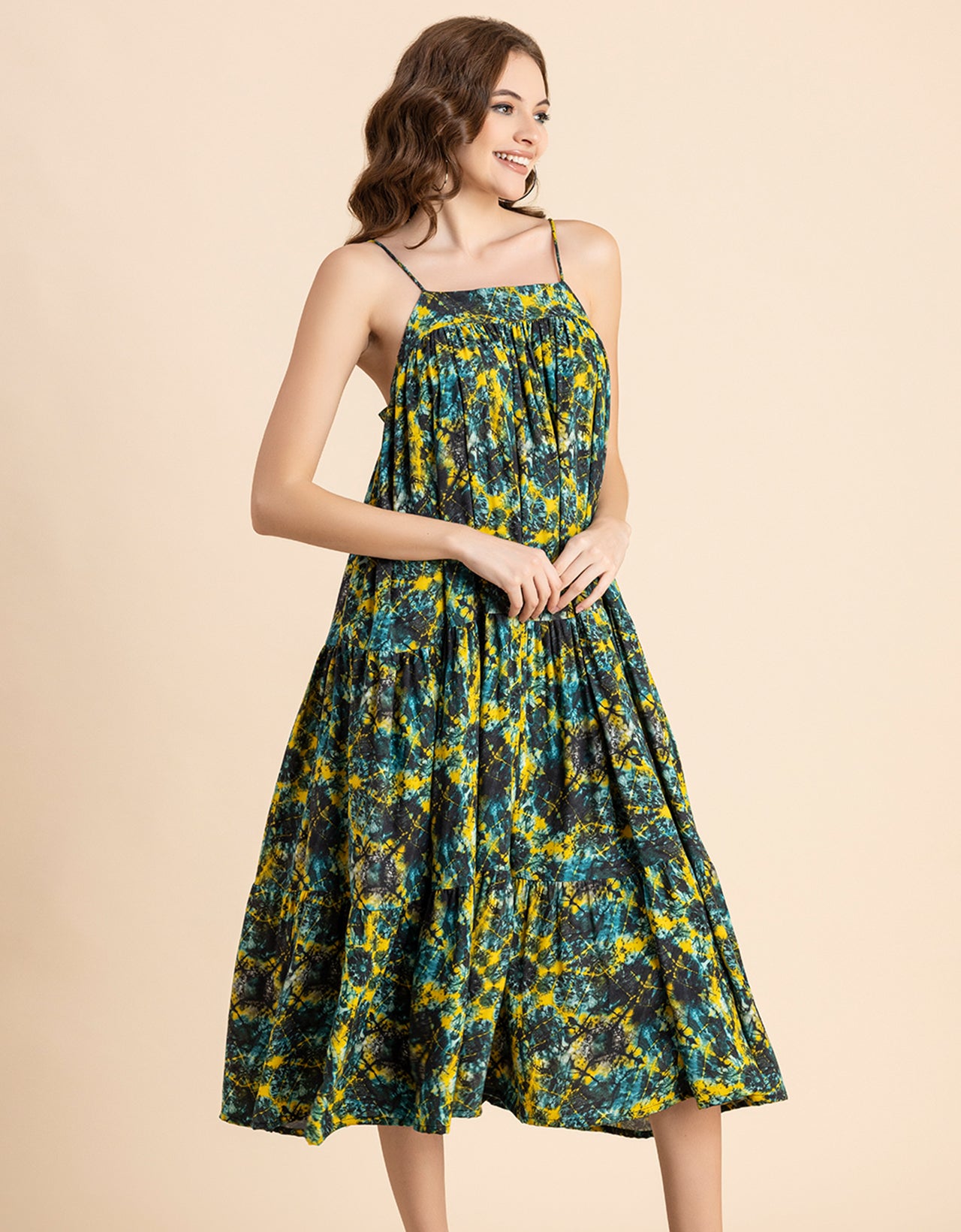 Shoulder Straps Square Neck Printed Rayon Dress