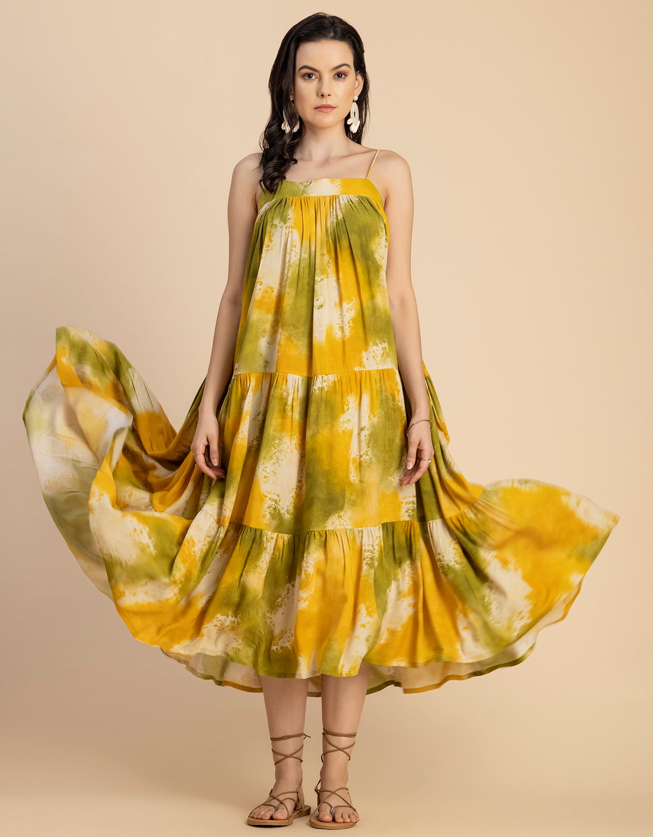 Shoulder Straps Square Neck Printed Rayon Dress