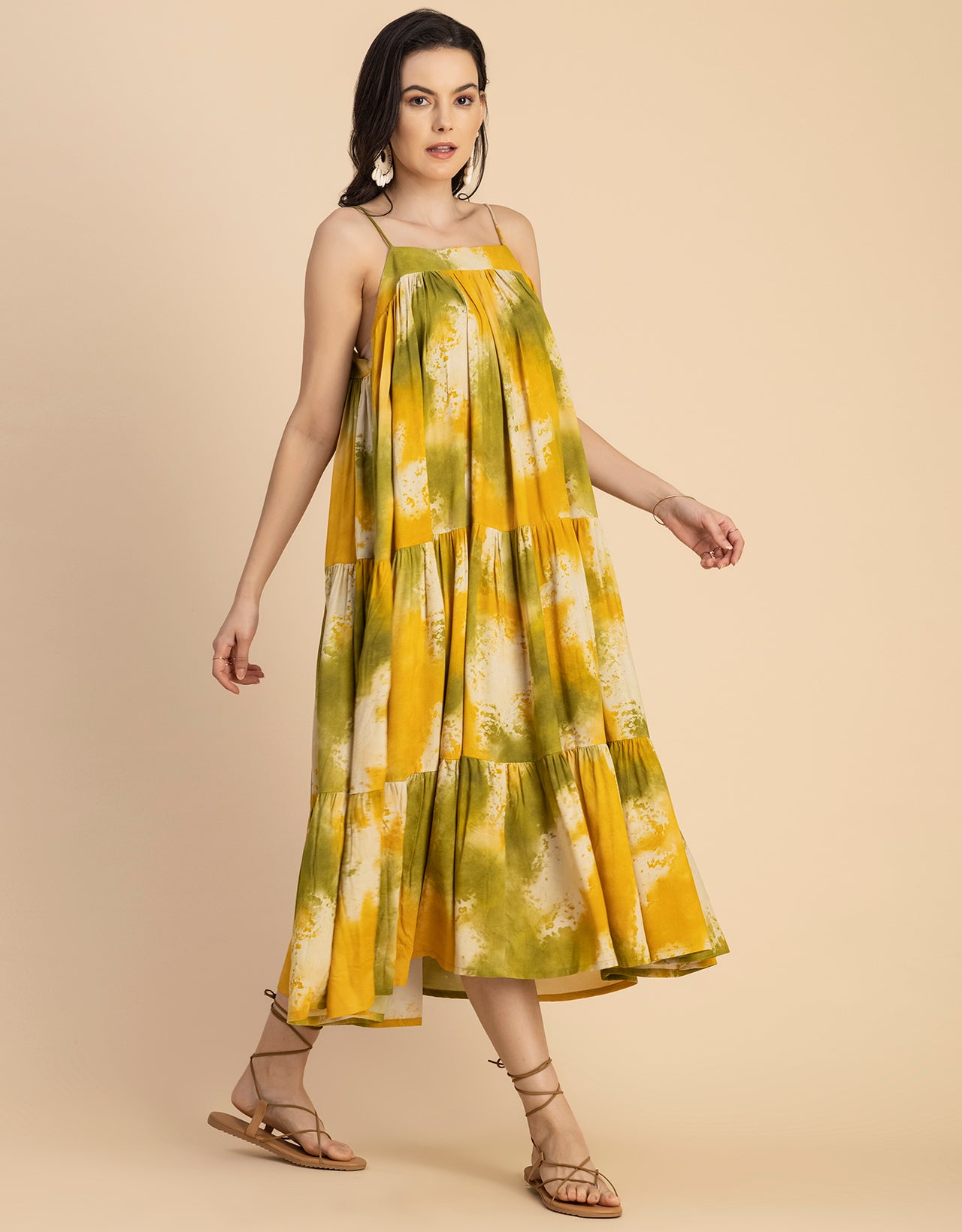 Shoulder Straps Square Neck Printed Rayon Dress