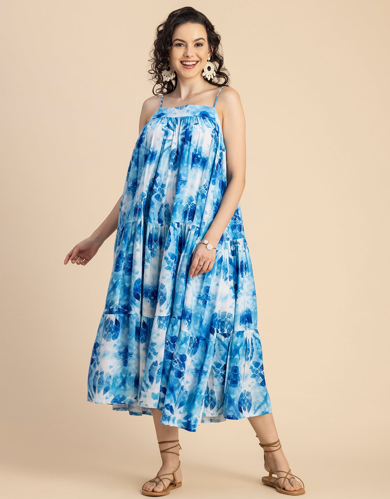 Shoulder Straps Square Neck Printed Rayon Dress