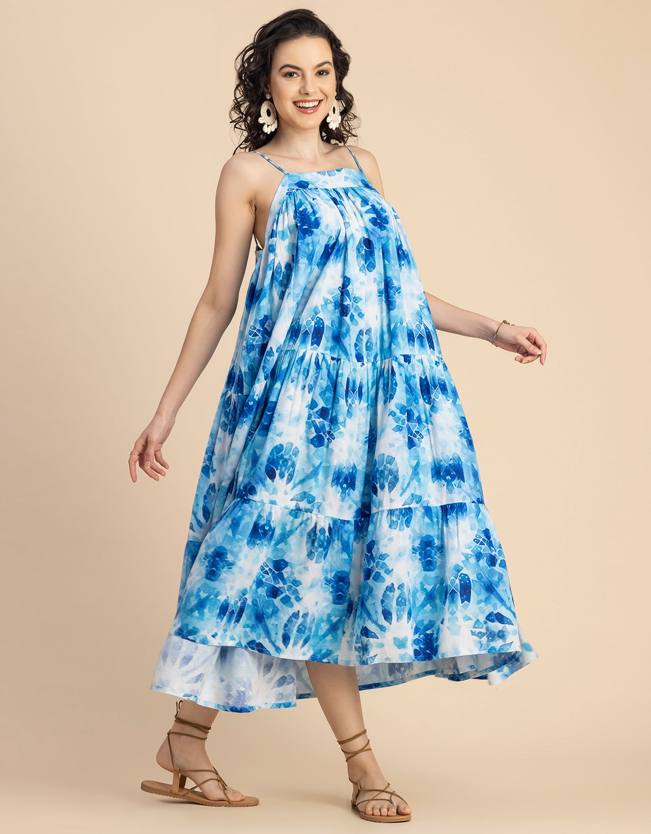 Shoulder Straps Square Neck Printed Rayon Dress