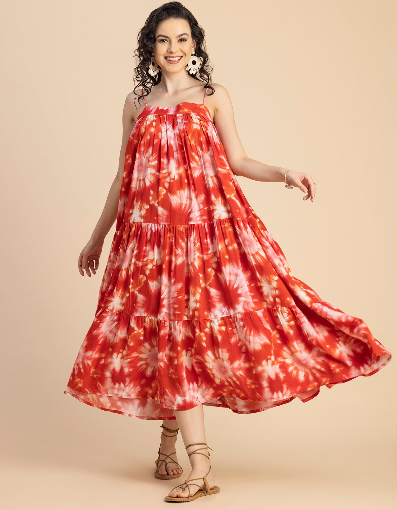 Shoulder Straps Square Neck Printed Rayon Dress