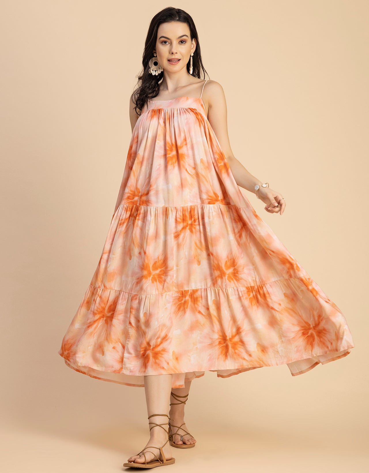 Shoulder Straps Square Neck Printed Rayon Dress