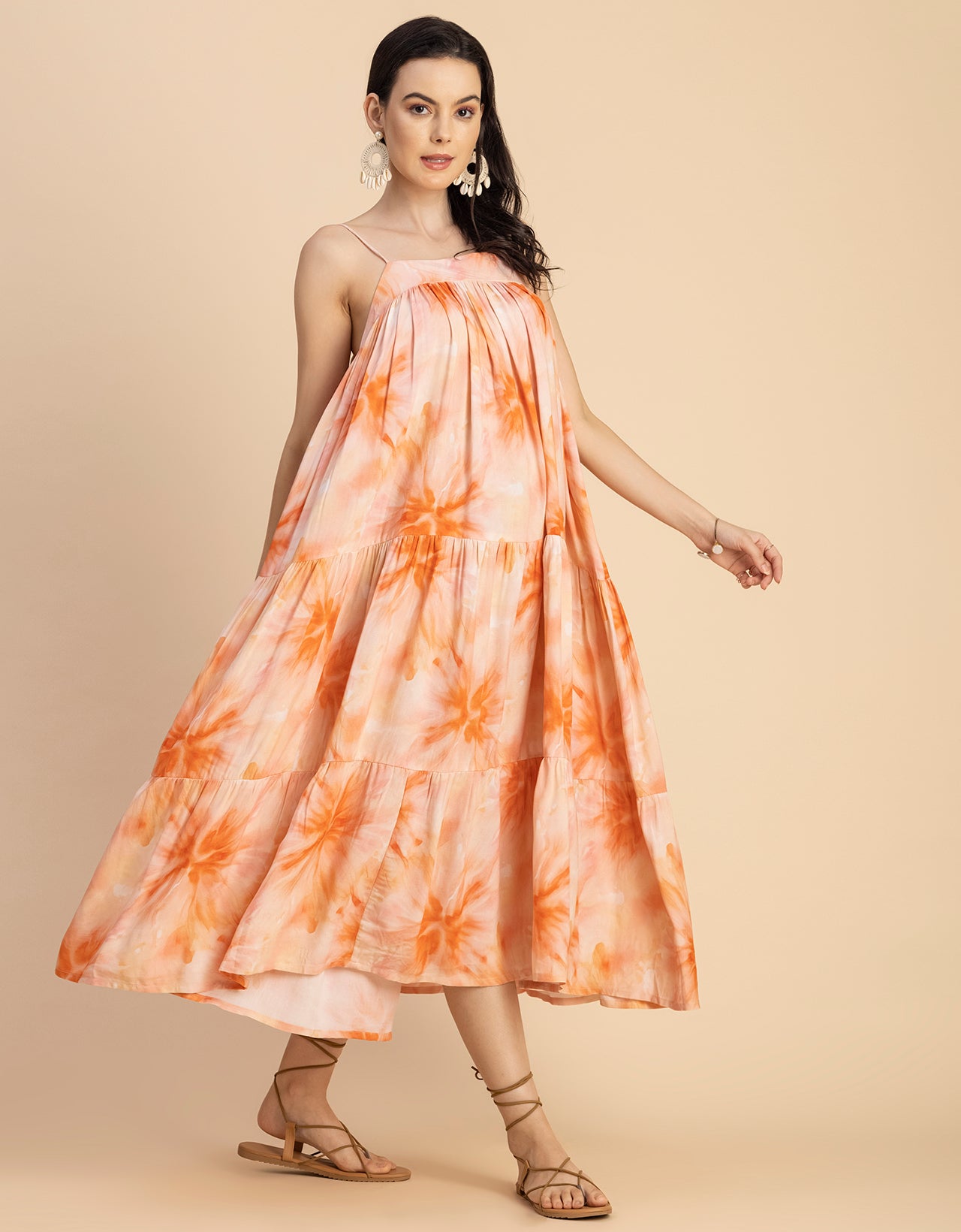 Shoulder Straps Square Neck Printed Rayon Dress