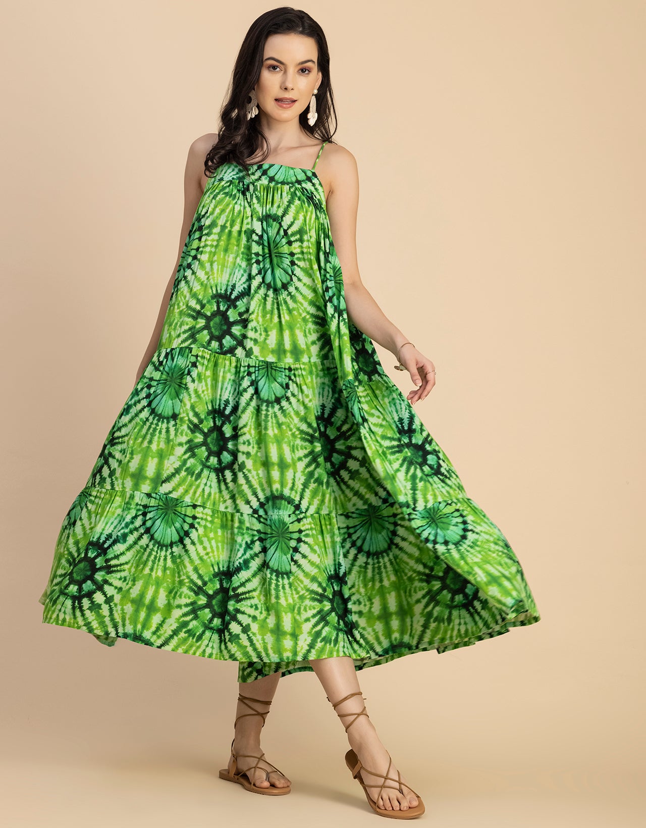 Shoulder Straps Square Neck Printed Rayon Dress