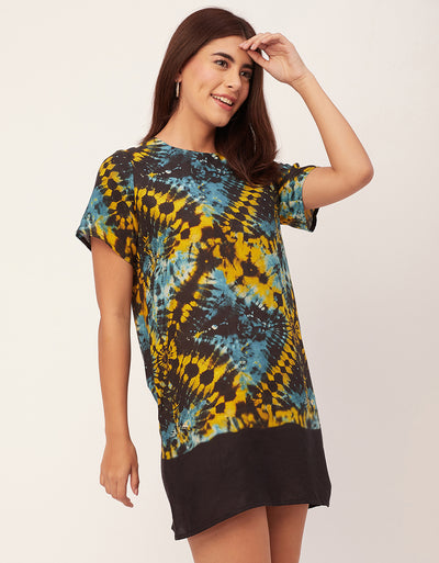 Round Neck Short Sleeve Printed Rayon Dress