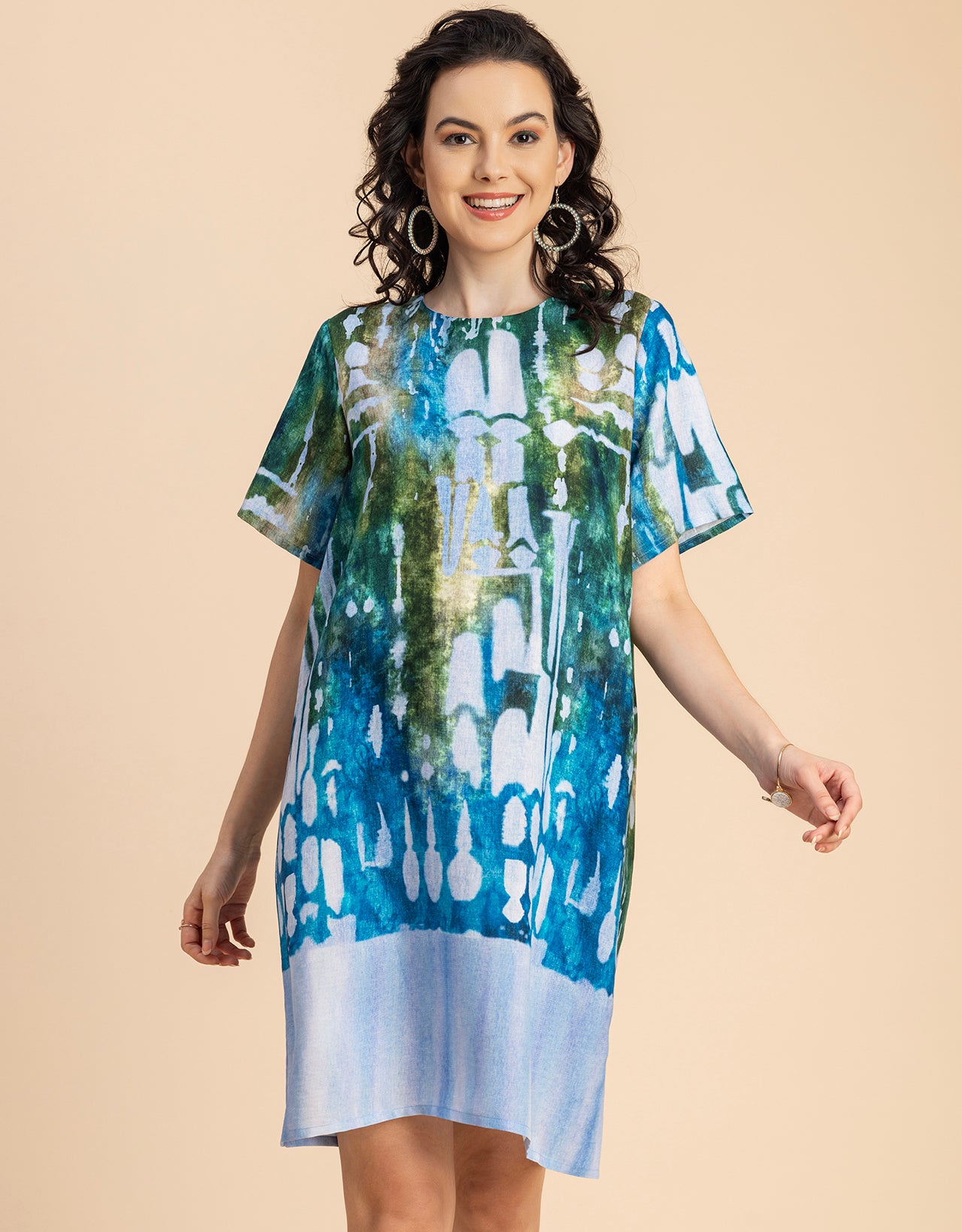 Round Neck Short Sleeve Printed Rayon Dress