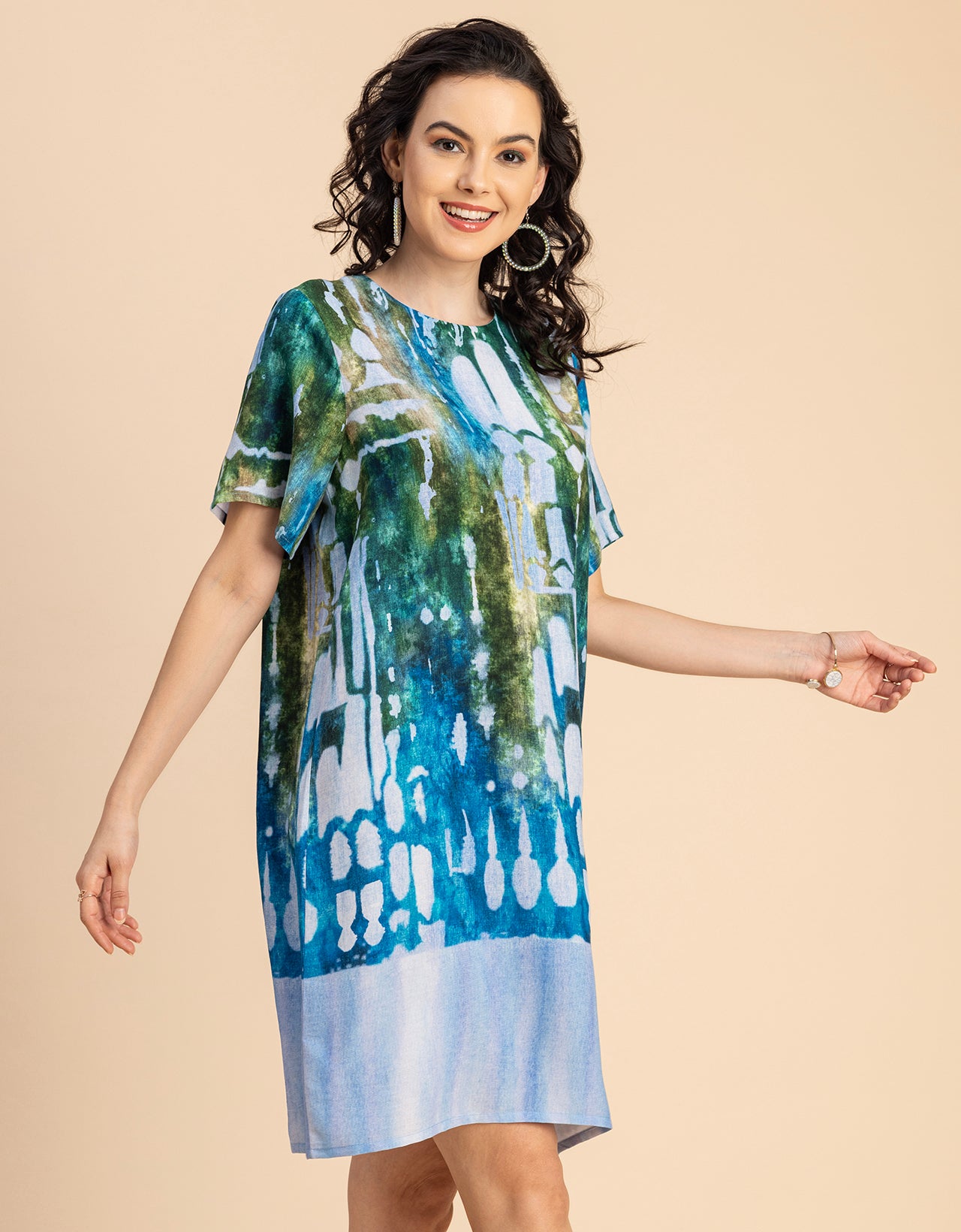 Round Neck Short Sleeve Printed Rayon Dress