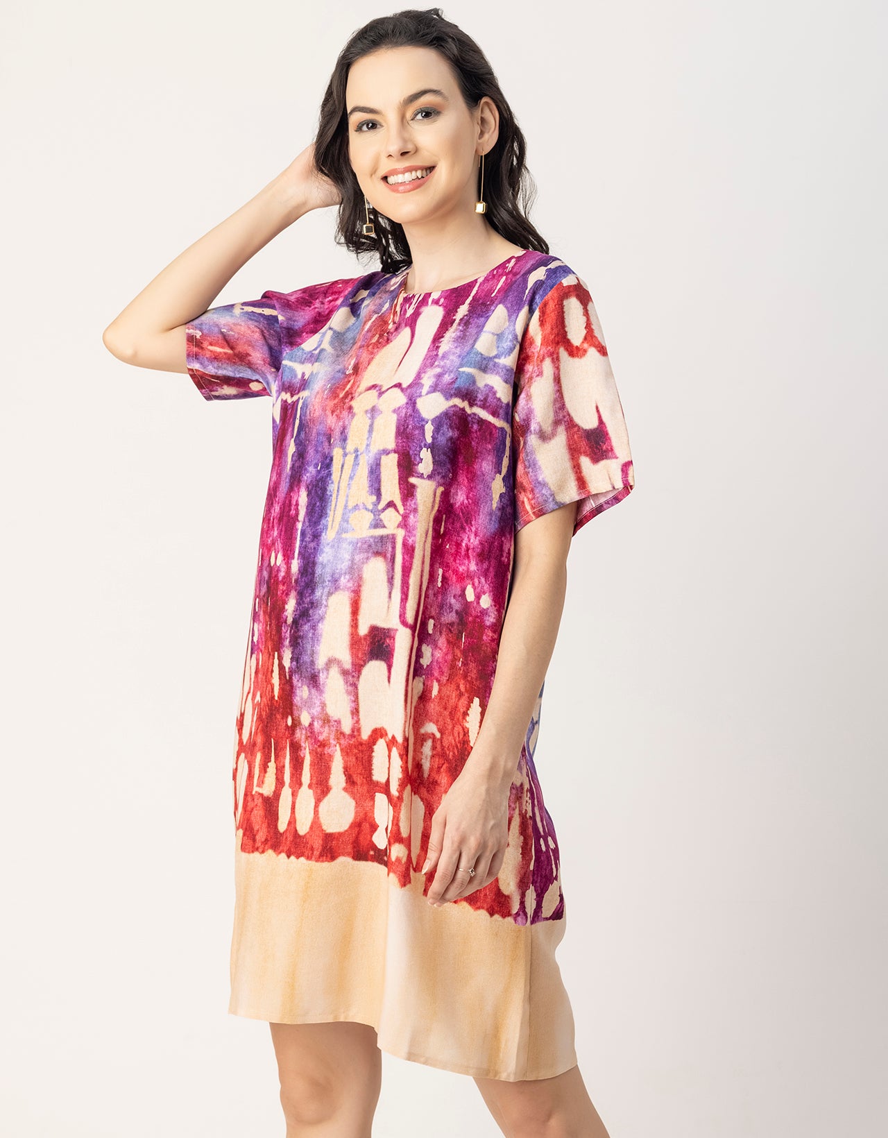 Round Neck Short Sleeve Printed Rayon Dress